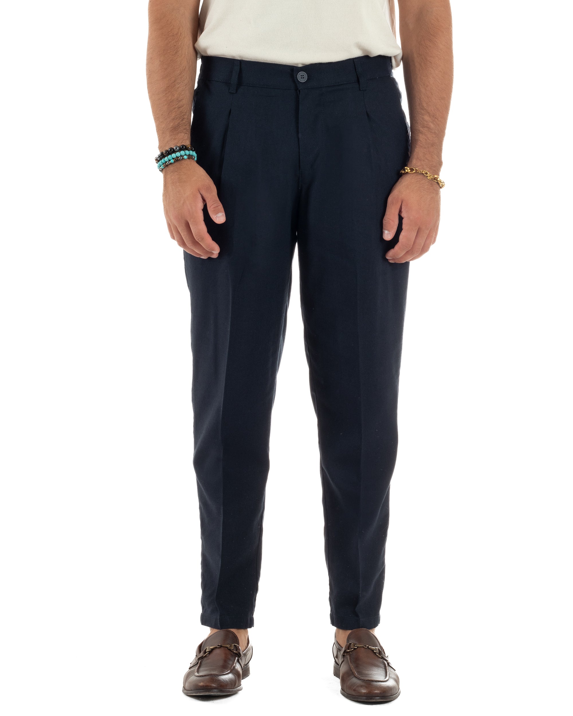 Pantaloni uomo lino sartoriale pinces tasche america elastico blu GIOSAL-P6320A