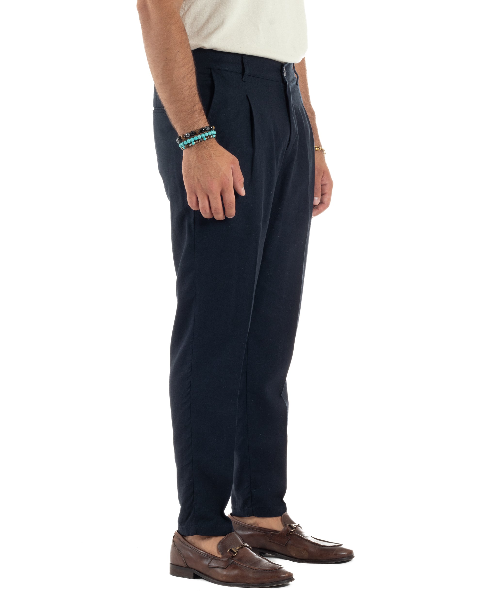 Pantaloni uomo lino sartoriale pinces tasche america elastico blu GIOSAL-P6320A