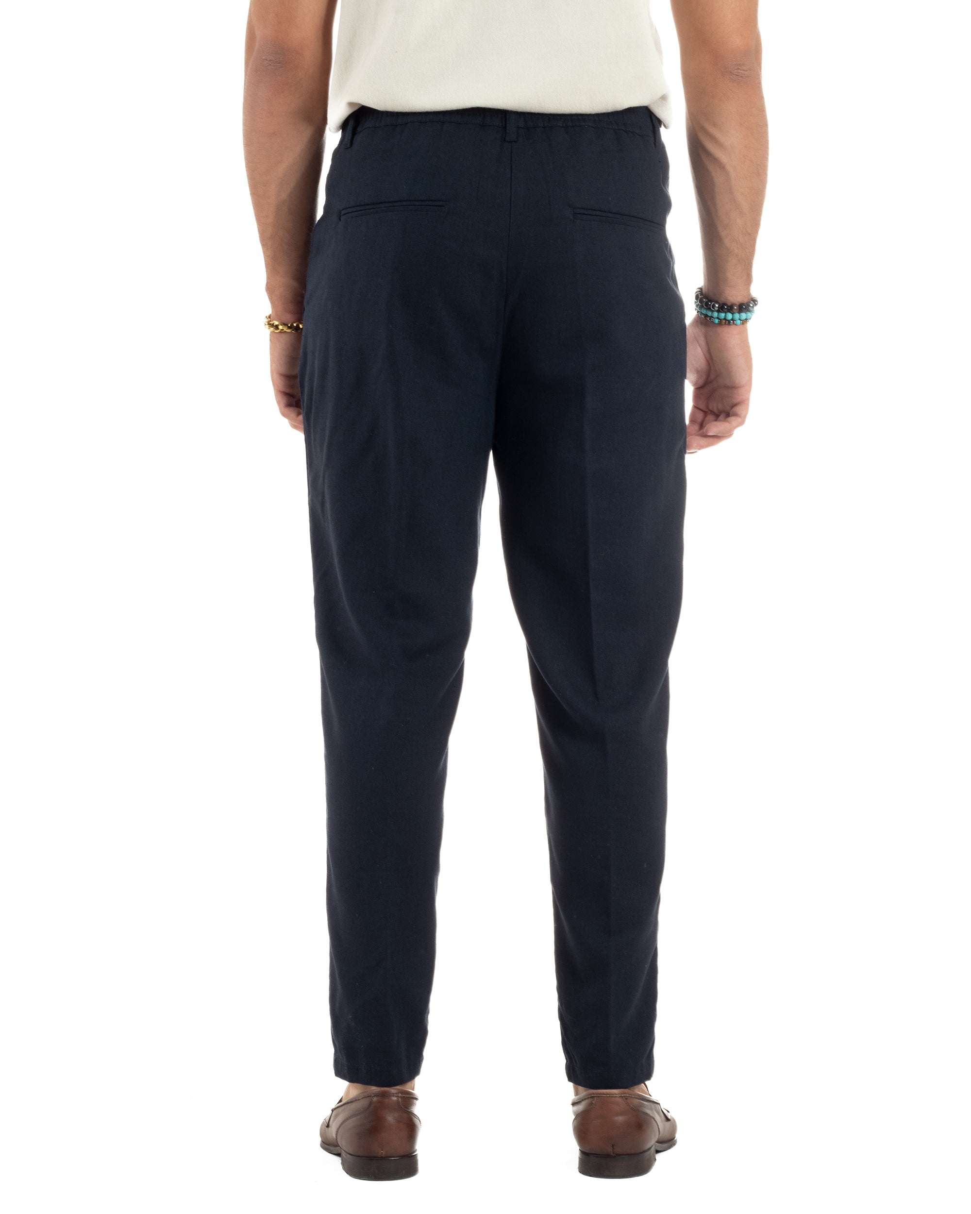 Pantaloni uomo lino sartoriale pinces tasche america elastico blu GIOSAL-P6320A