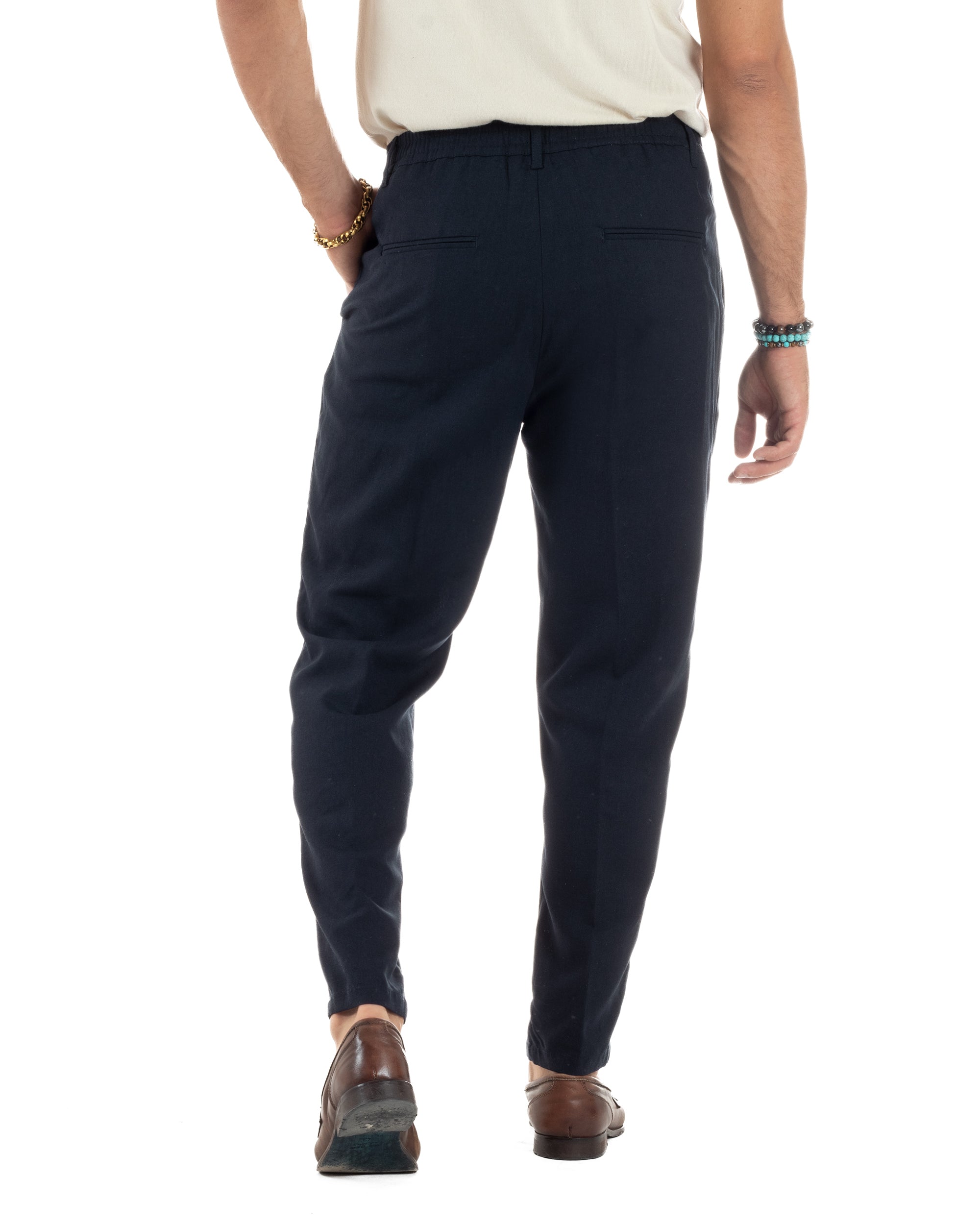 Pantaloni uomo lino sartoriale pinces tasche america elastico blu GIOSAL-P6320A