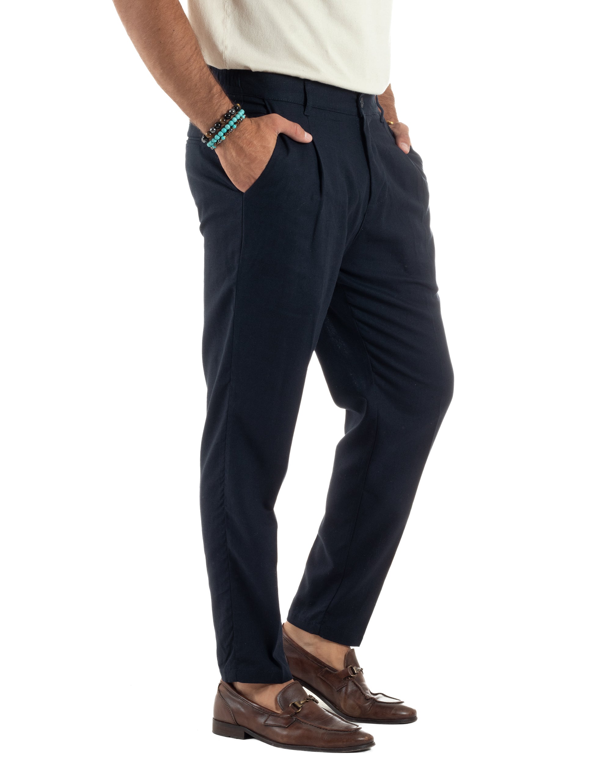 Pantaloni uomo lino sartoriale pinces tasche america elastico blu GIOSAL-P6320A