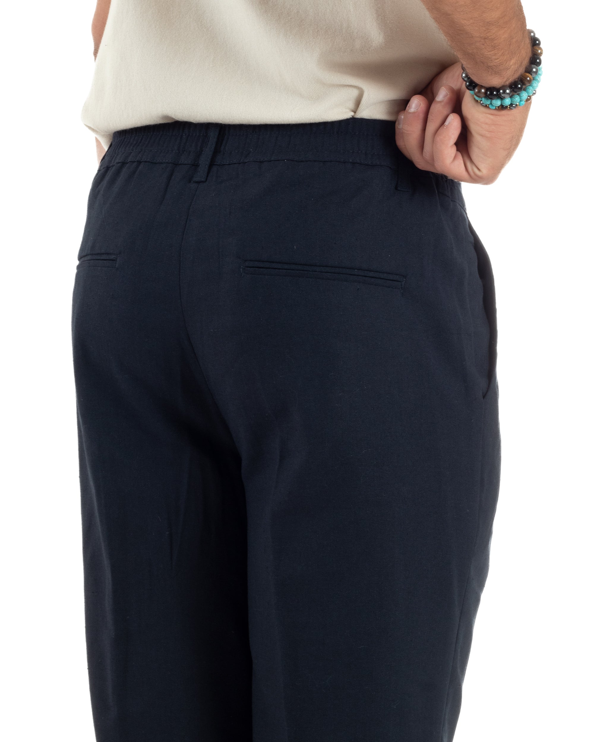 Pantaloni uomo lino sartoriale pinces tasche america elastico blu GIOSAL-P6320A