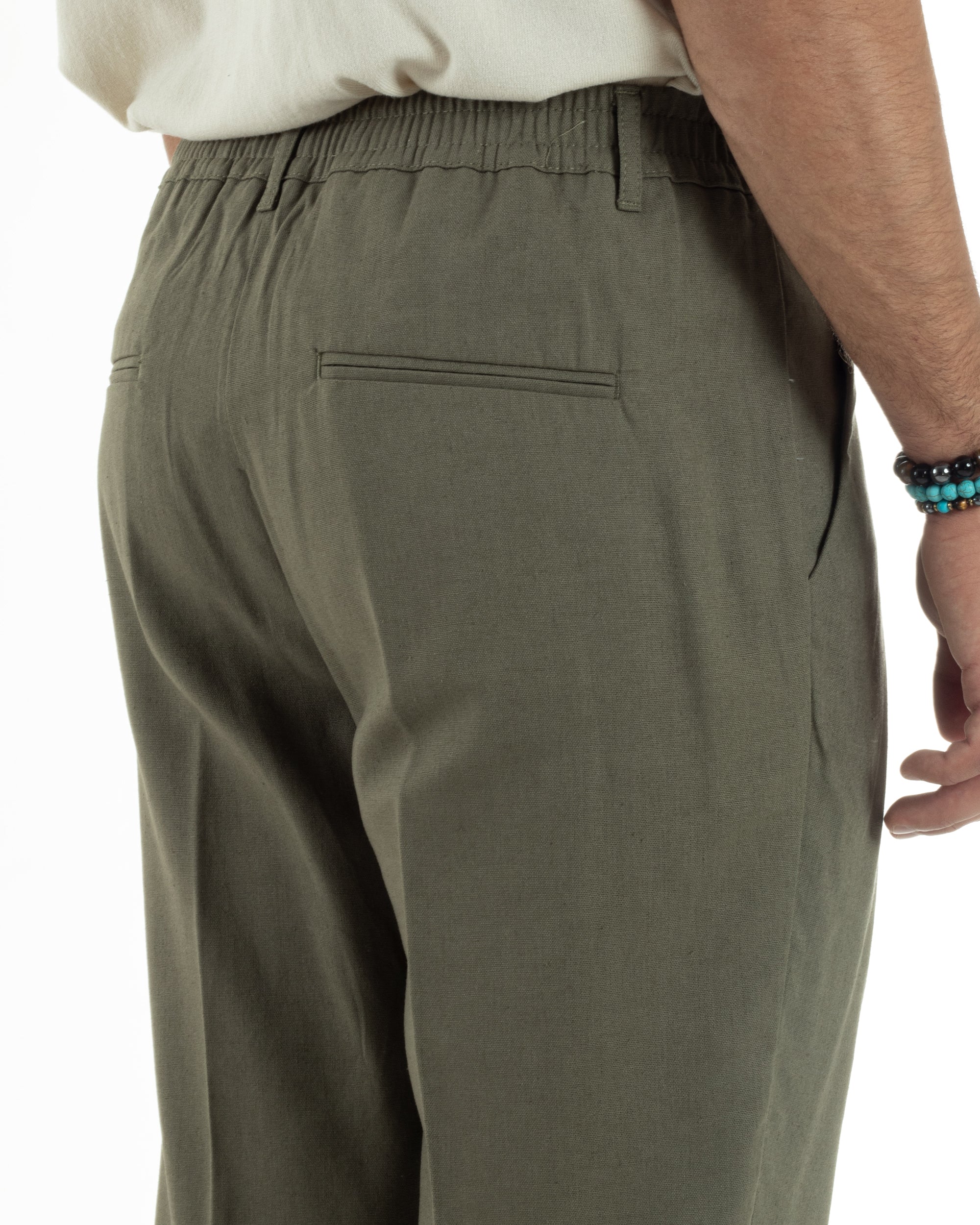 Pantaloni uomo lino sartoriale pinces tasche america elastico verde militare GIOSAL-P6323A