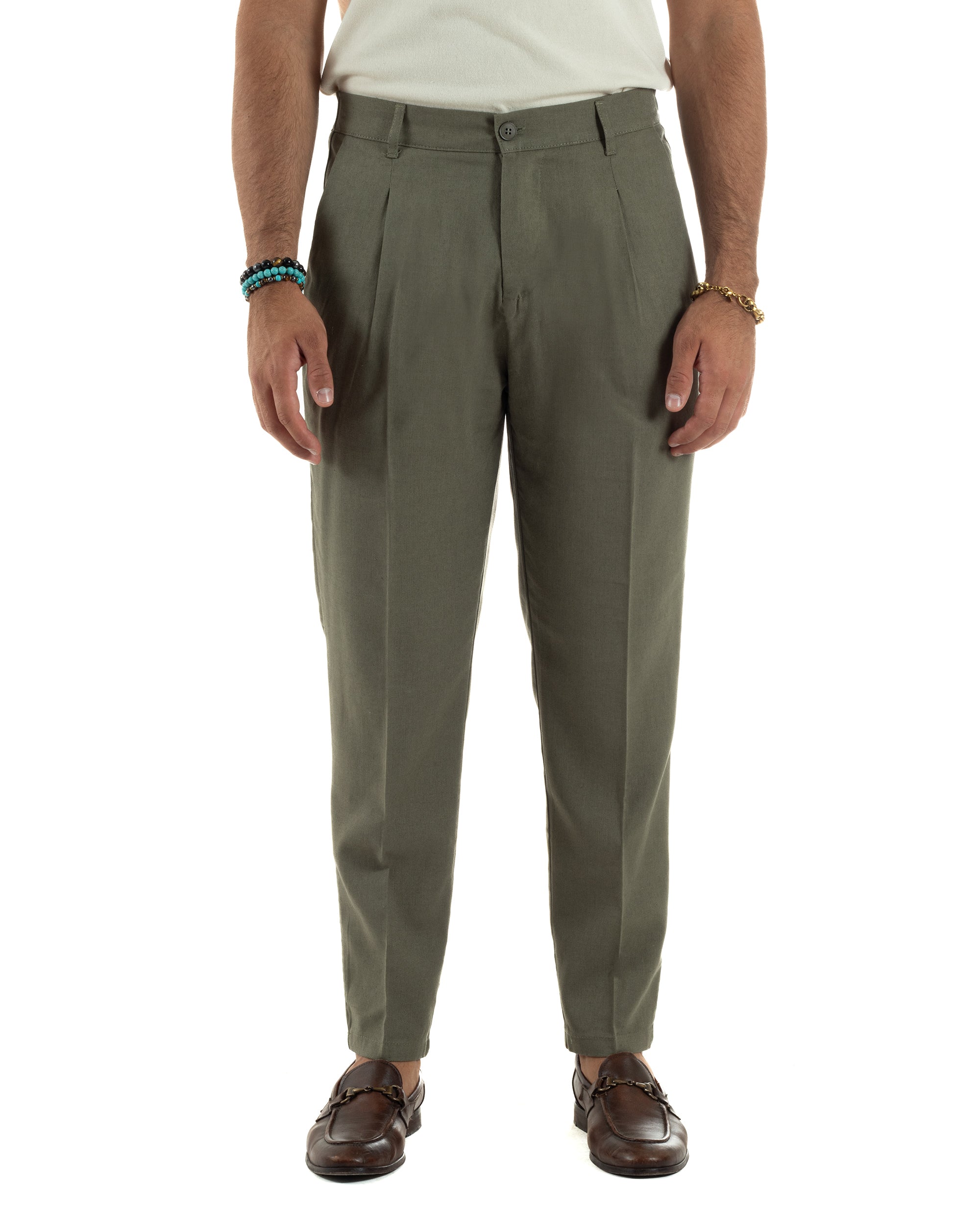 Pantaloni uomo lino sartoriale pinces tasche america elastico verde militare GIOSAL-P6323A