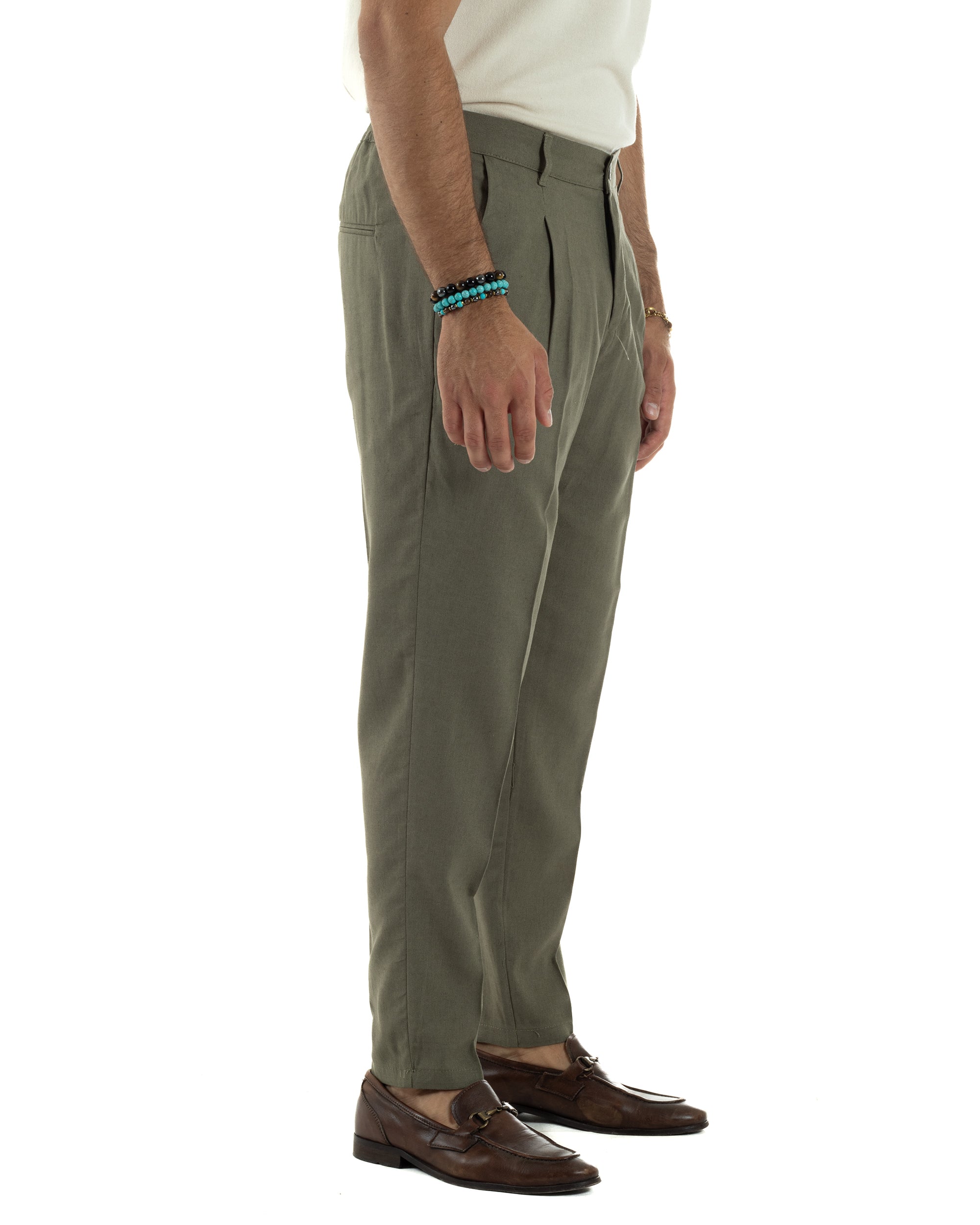 Pantaloni uomo lino sartoriale pinces tasche america elastico verde militare GIOSAL-P6323A