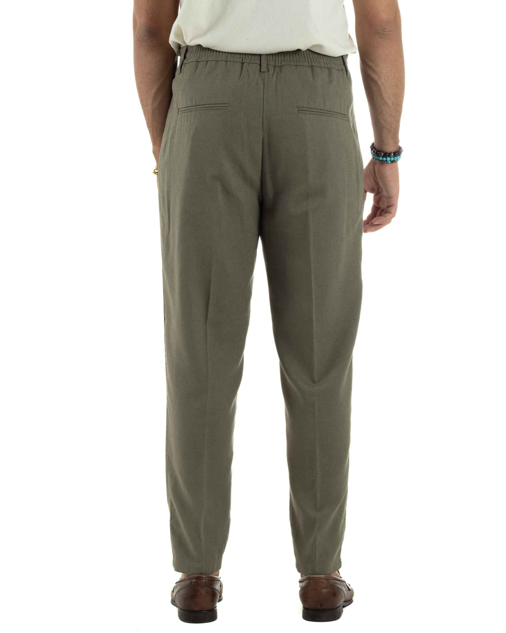 Pantaloni uomo lino sartoriale pinces tasche america elastico verde militare GIOSAL-P6323A