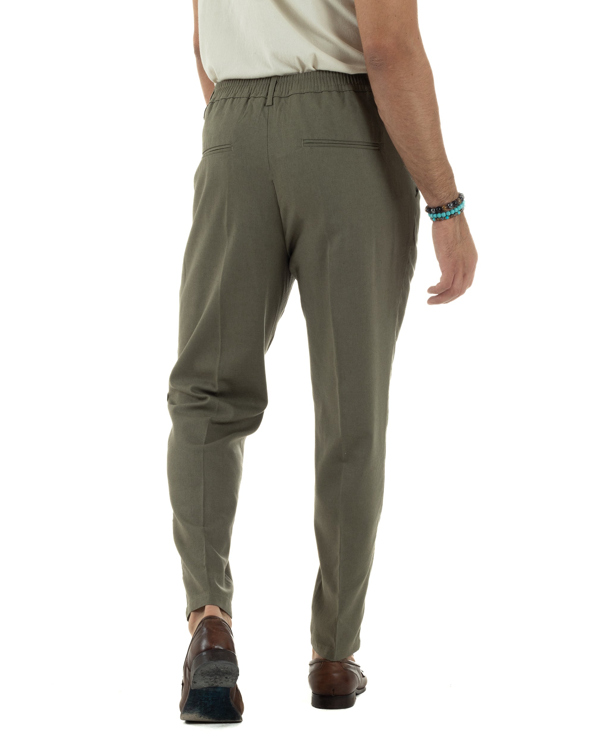 Pantaloni uomo lino sartoriale pinces tasche america elastico verde militare GIOSAL-P6323A