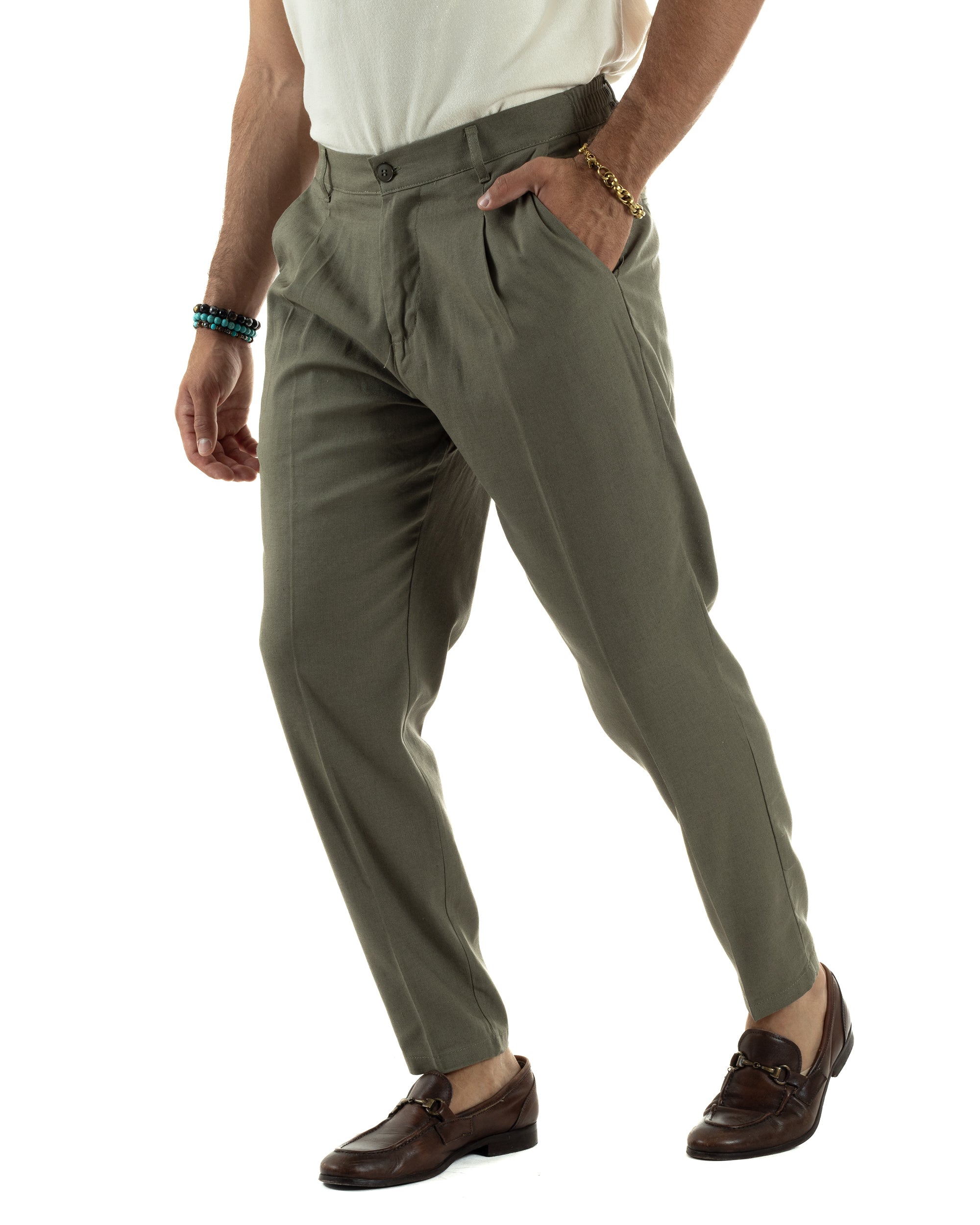 Pantaloni uomo lino sartoriale pinces tasche america elastico verde militare GIOSAL-P6323A