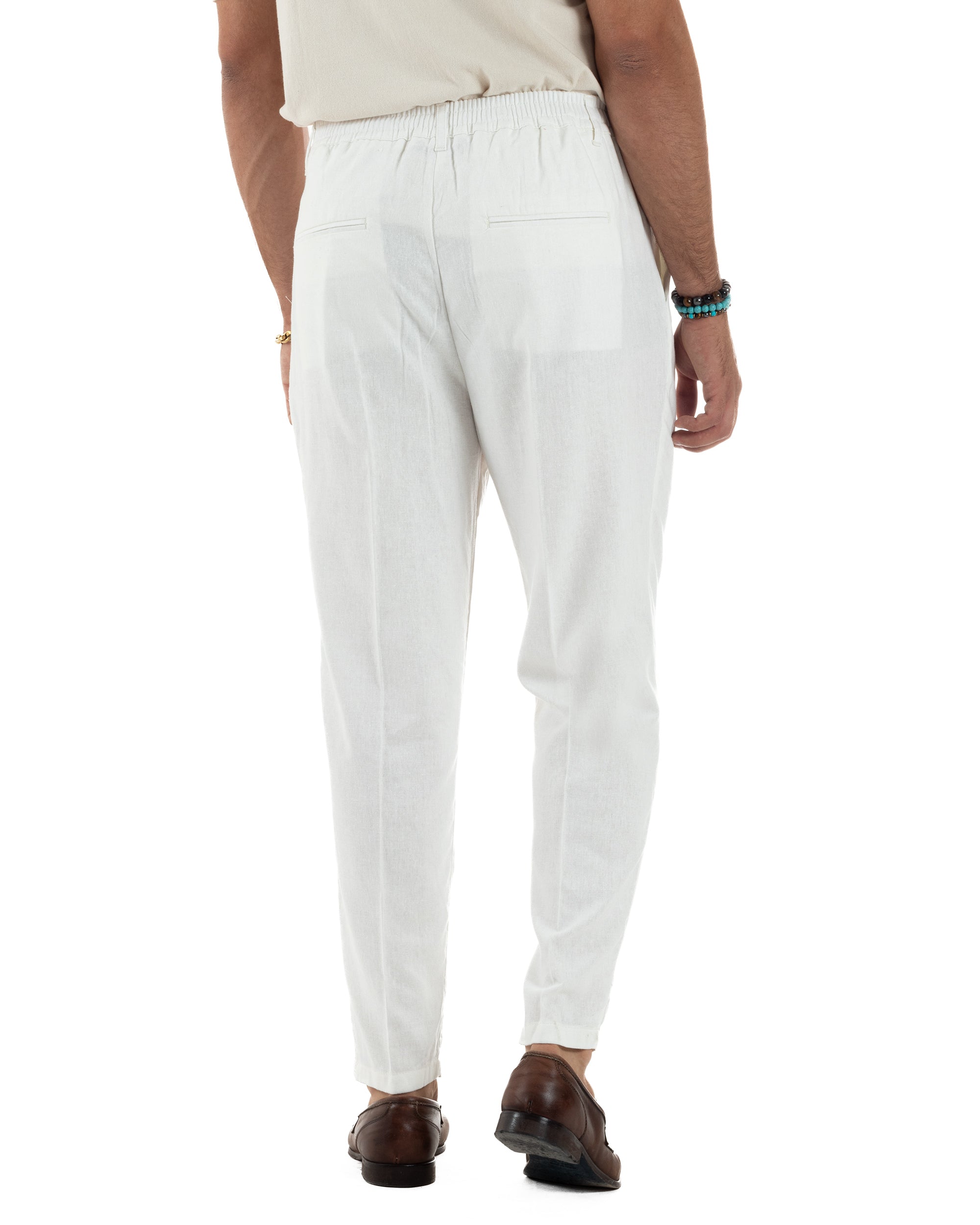 Pantaloni uomo lino sartoriale pinces tasche america elastico bianco GIOSAL-P6325A