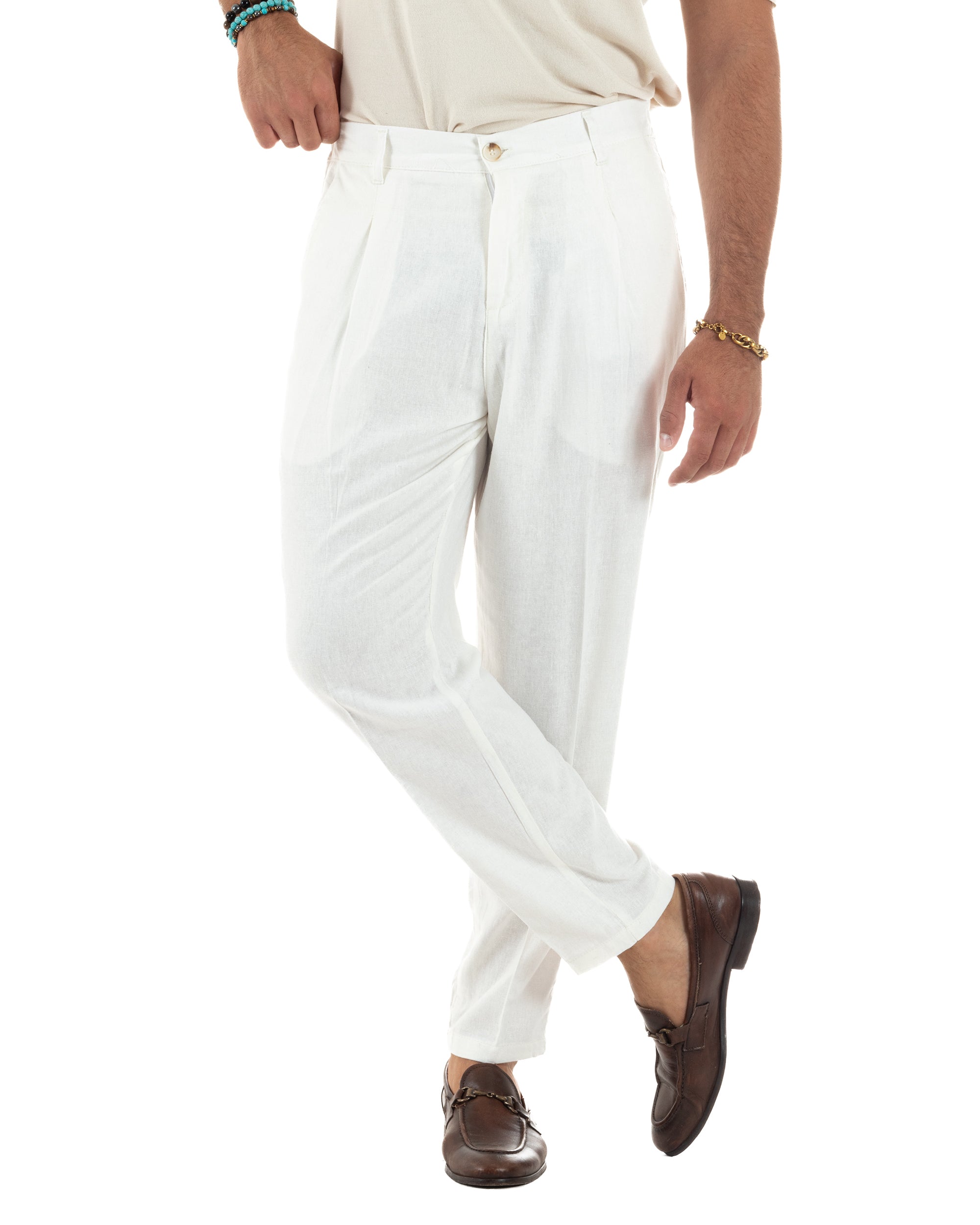Pantaloni uomo lino sartoriale pinces tasche america elastico bianco GIOSAL-P6325A