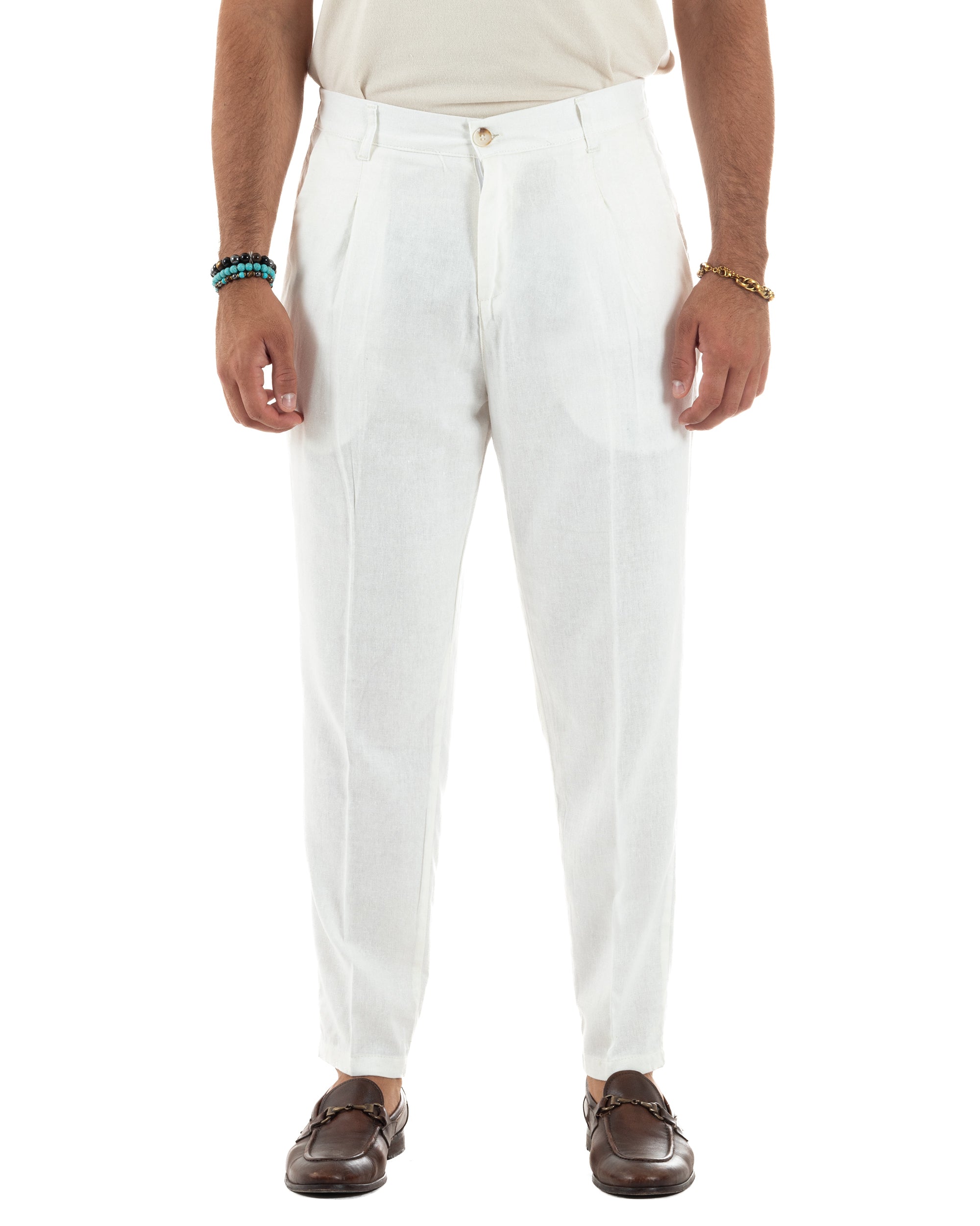 Pantaloni uomo lino sartoriale pinces tasche america elastico bianco GIOSAL-P6325A