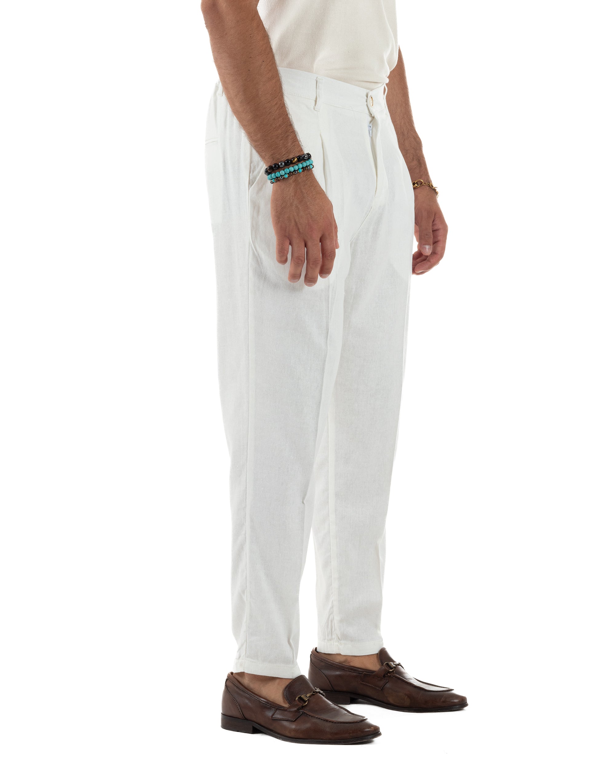 Pantaloni uomo lino sartoriale pinces tasche america elastico bianco GIOSAL-P6325A