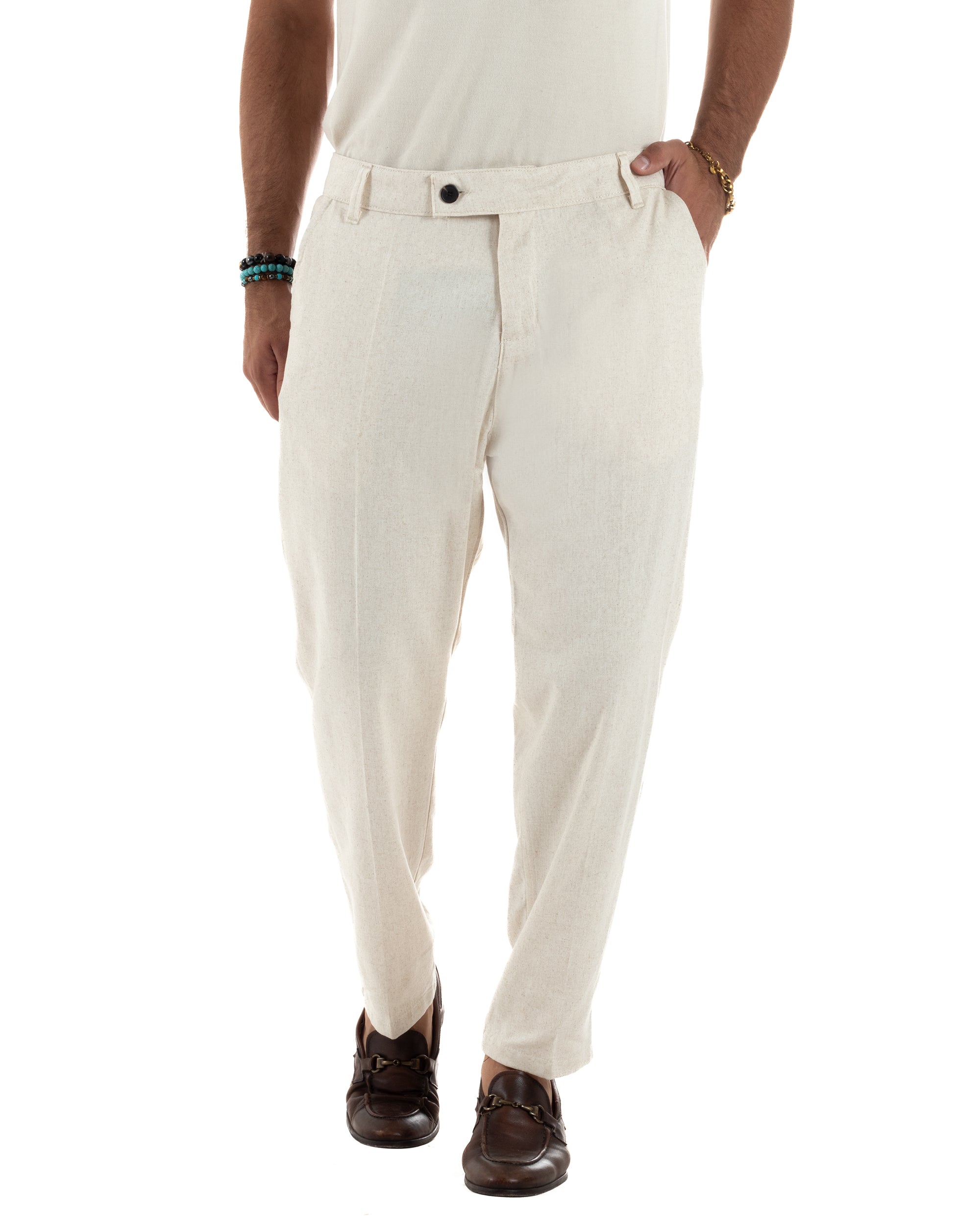 Pantaloni Lino Sartoriale Abbottonatura Allungata P6327A