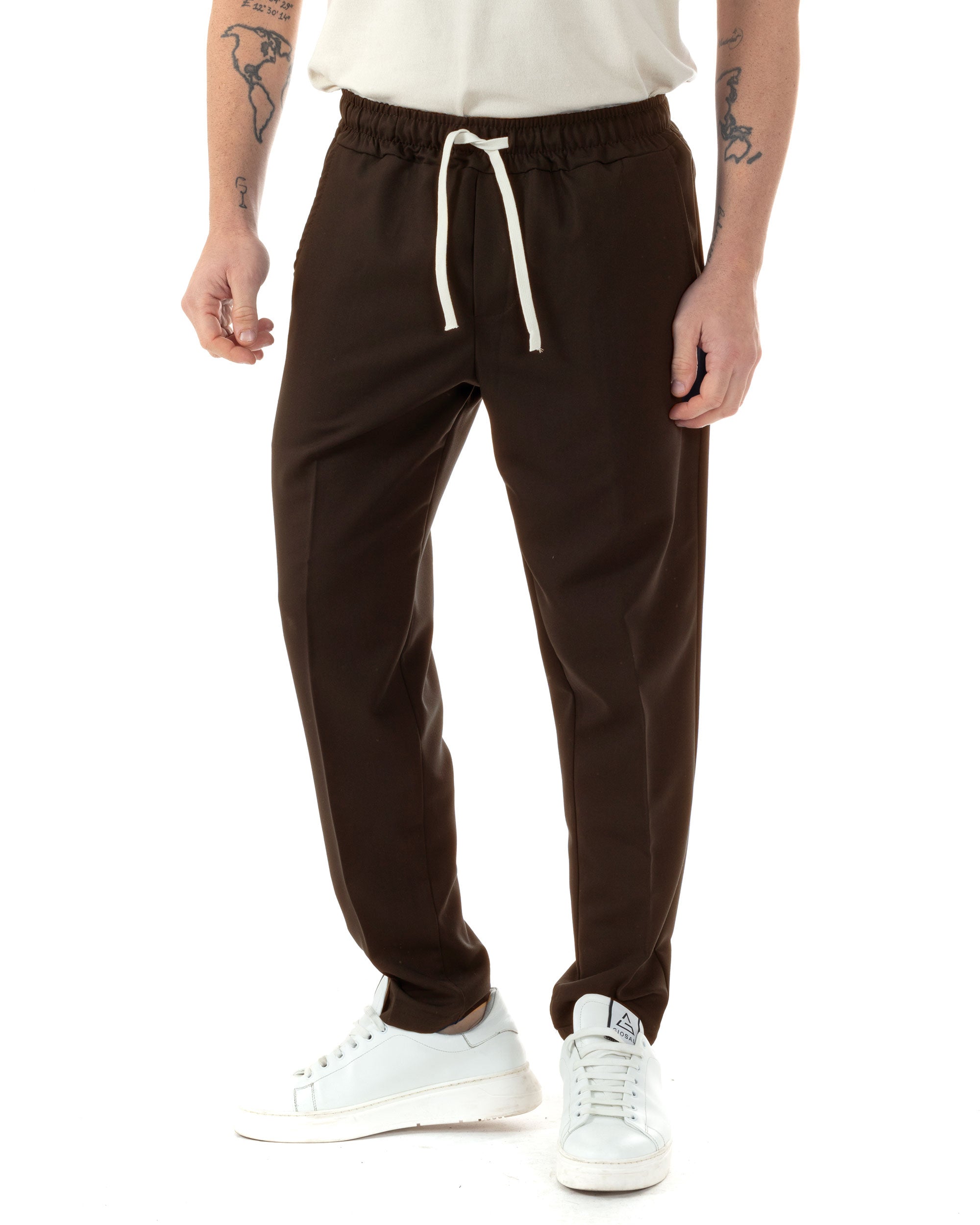 Pantaloni Uomo Pantalaccio Viscosa Morbido Regular Fit Coulisse Elastico Casual Tinta Unita Marrone GIOSAL-P6333A
