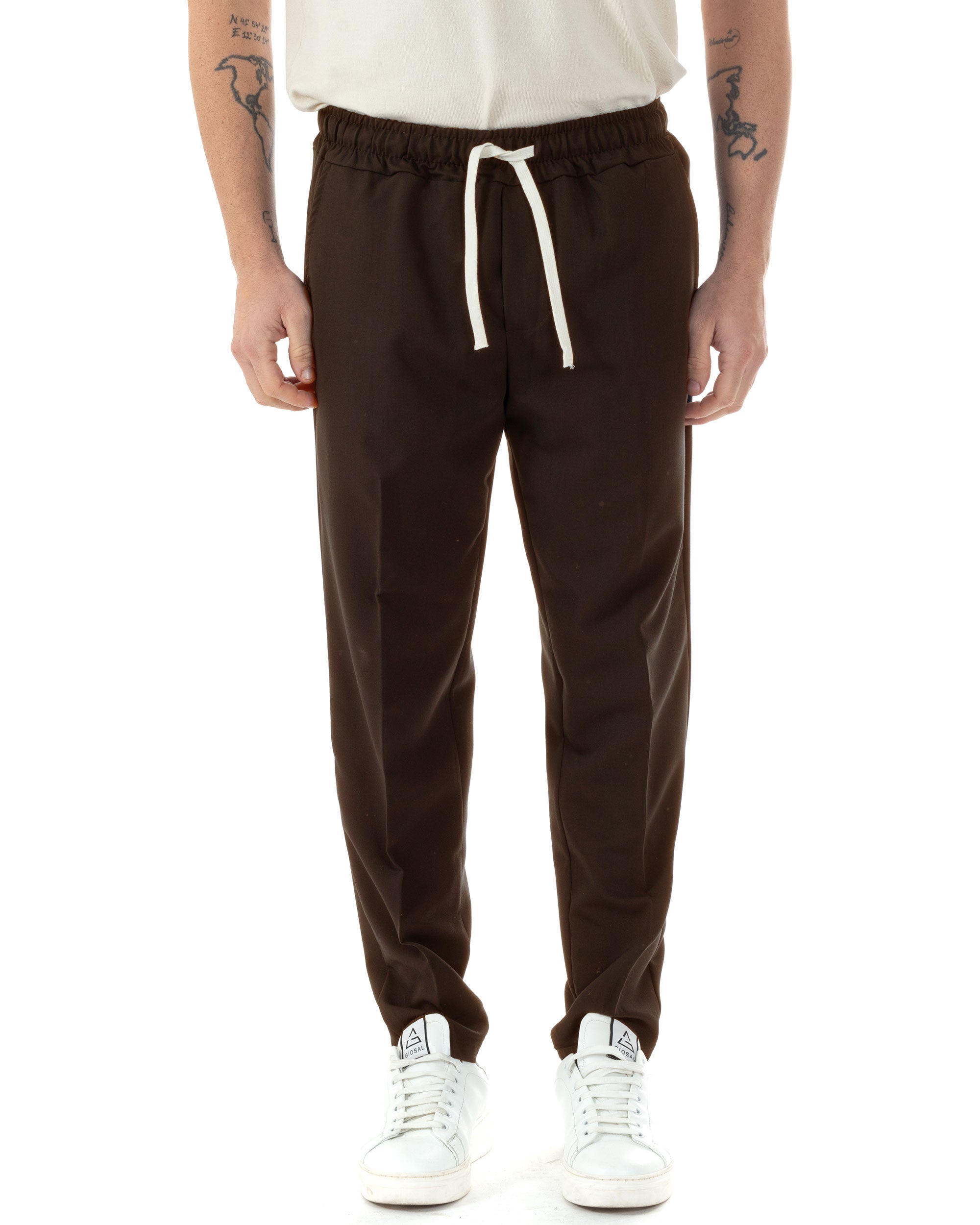 Pantaloni Uomo Pantalaccio Viscosa Morbido Regular Fit Coulisse Elastico Casual Tinta Unita Marrone GIOSAL-P6333A