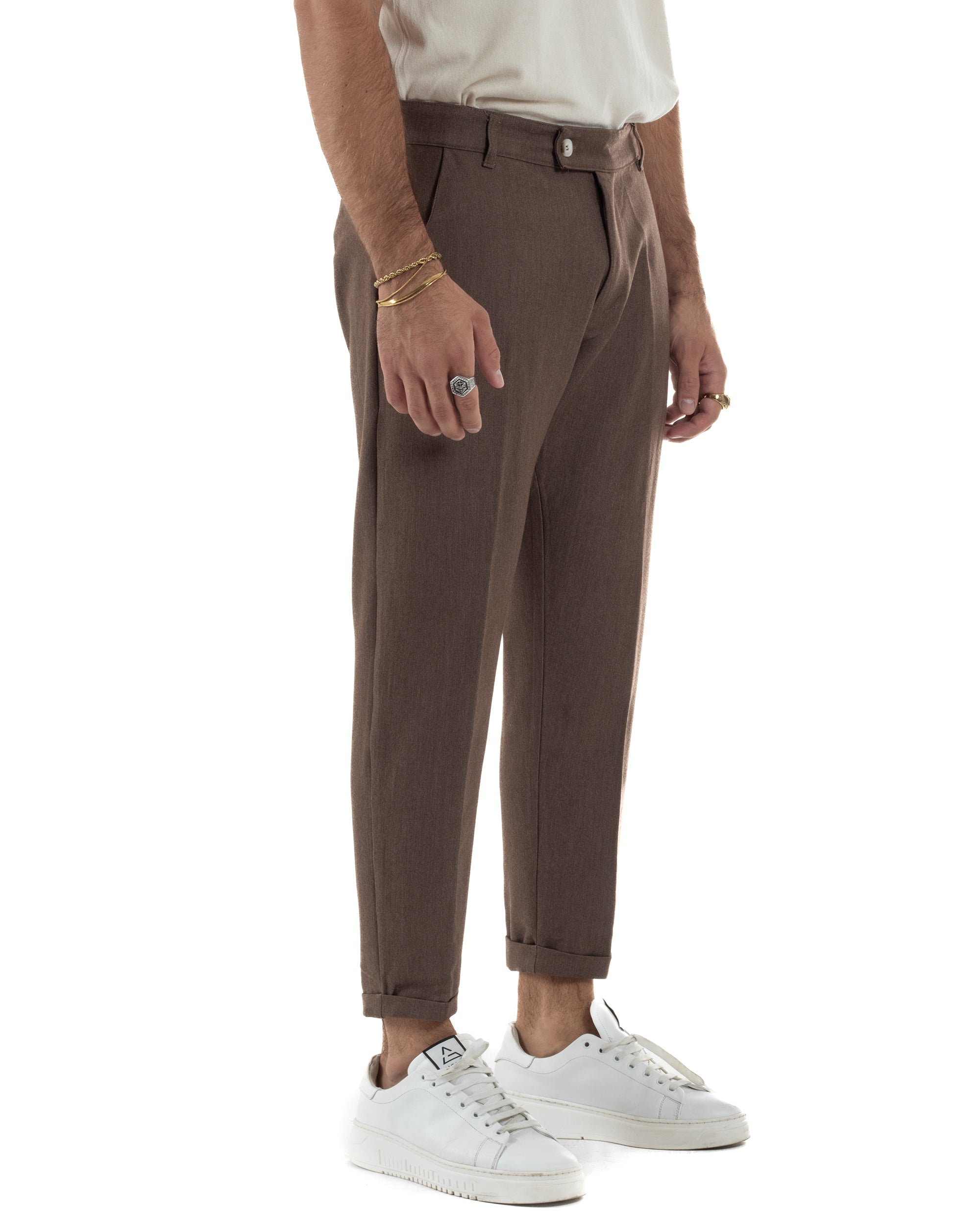 Pantaloni Uomo Viscosa Tasca America Classico Abbottonatura Allungata Casual Marrone GIOSAL-P6338A