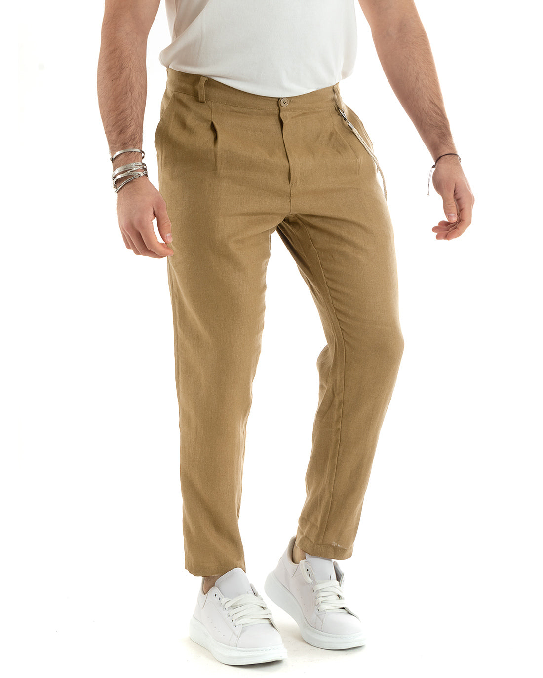 Pantaloni Uomo In Lino Con Tasca America Con Pinces Classico Sartoriale Comodo Casual Tinta Unita Camel GIOSAL-P6342A