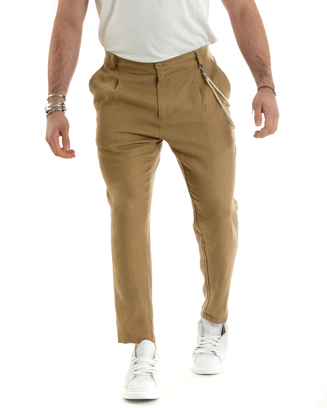 Pantaloni Uomo In Lino Con Tasca America Con Pinces Classico Sartoriale Comodo Casual Tinta Unita Camel GIOSAL-P6342A