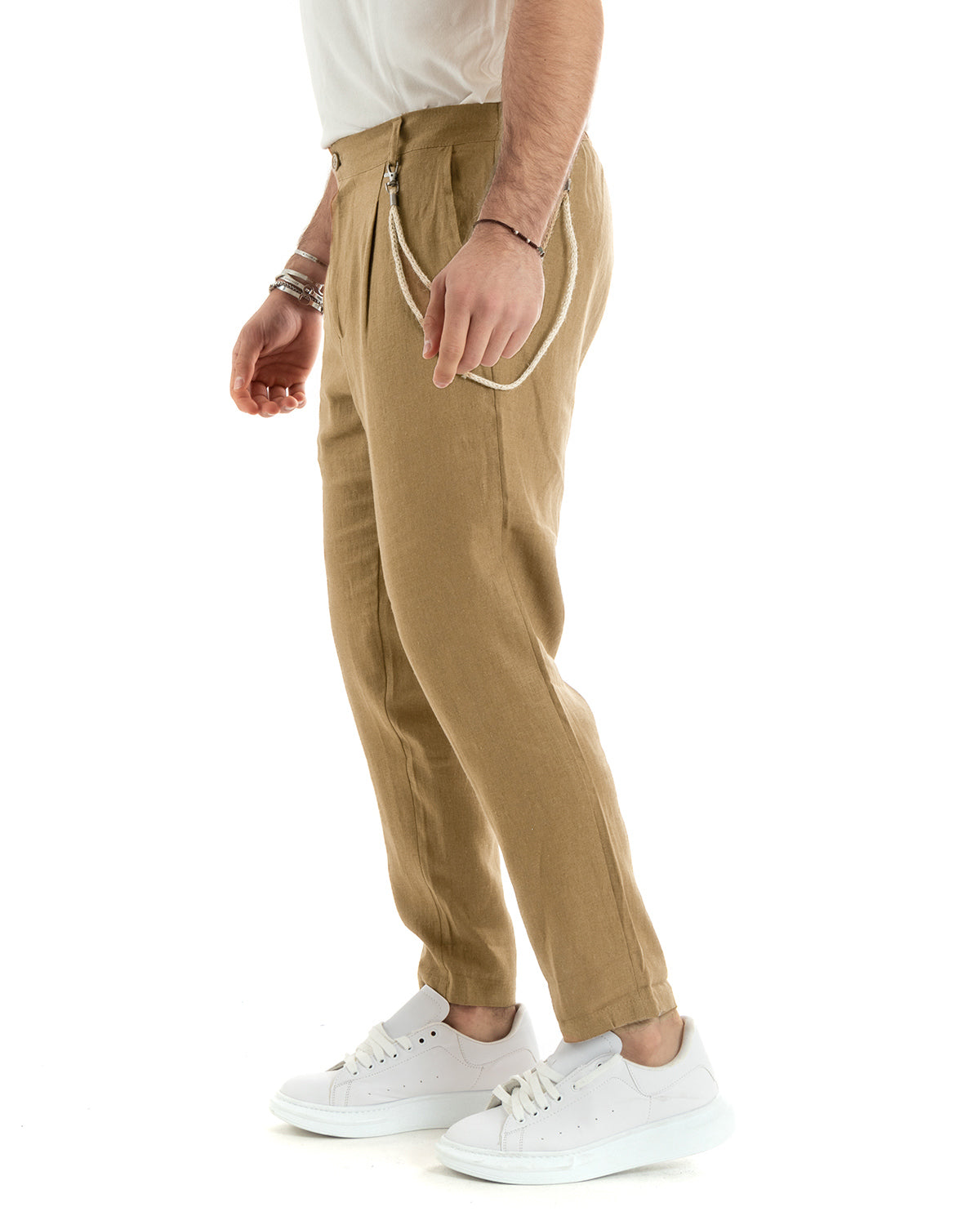 Pantaloni Uomo In Lino Con Tasca America Con Pinces Classico Sartoriale Comodo Casual Tinta Unita Camel GIOSAL-P6342A