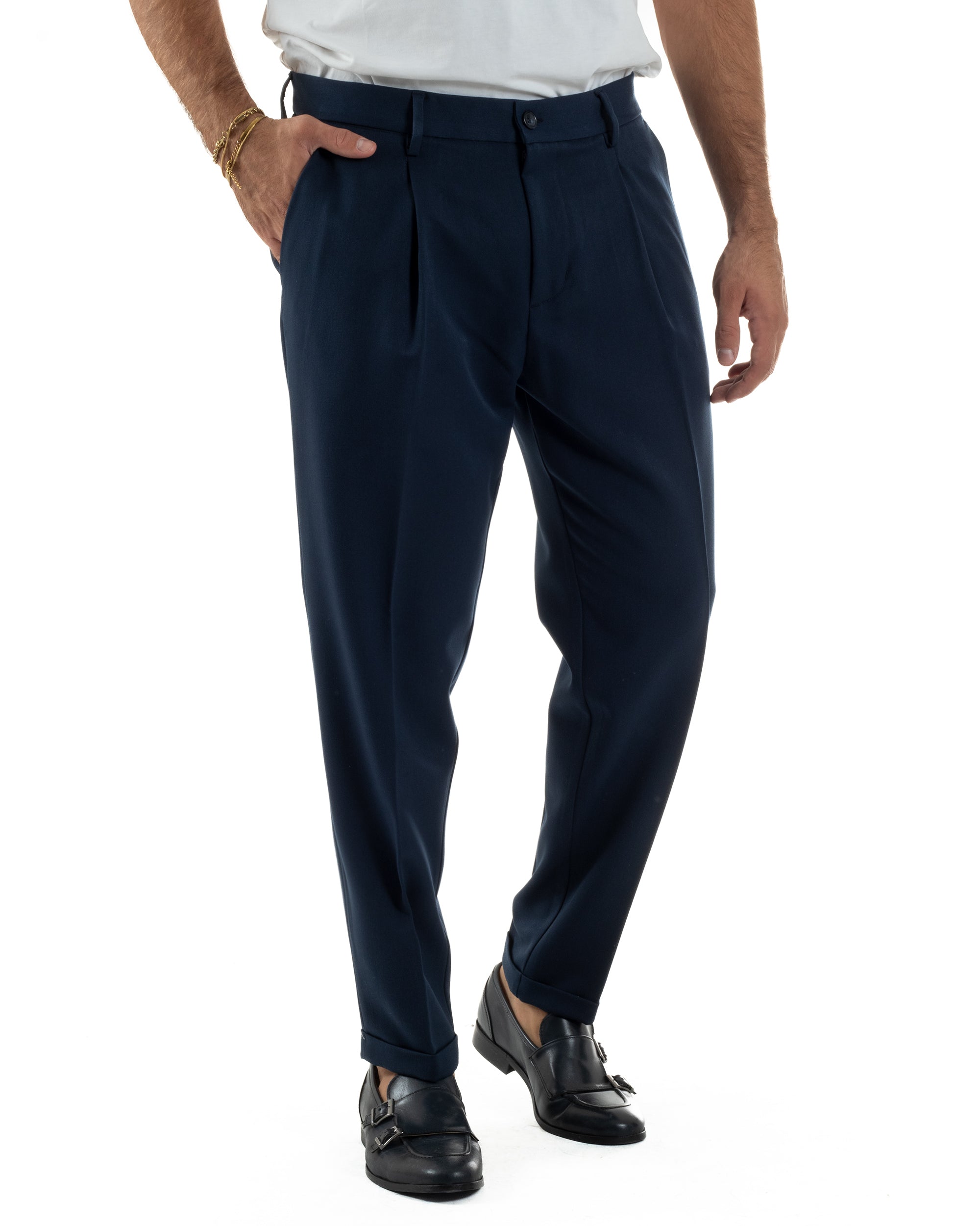 Pantaloni Uomo Viscosa Tasche America Con Pinces Classico Blu Over-D OC1F2W5P15