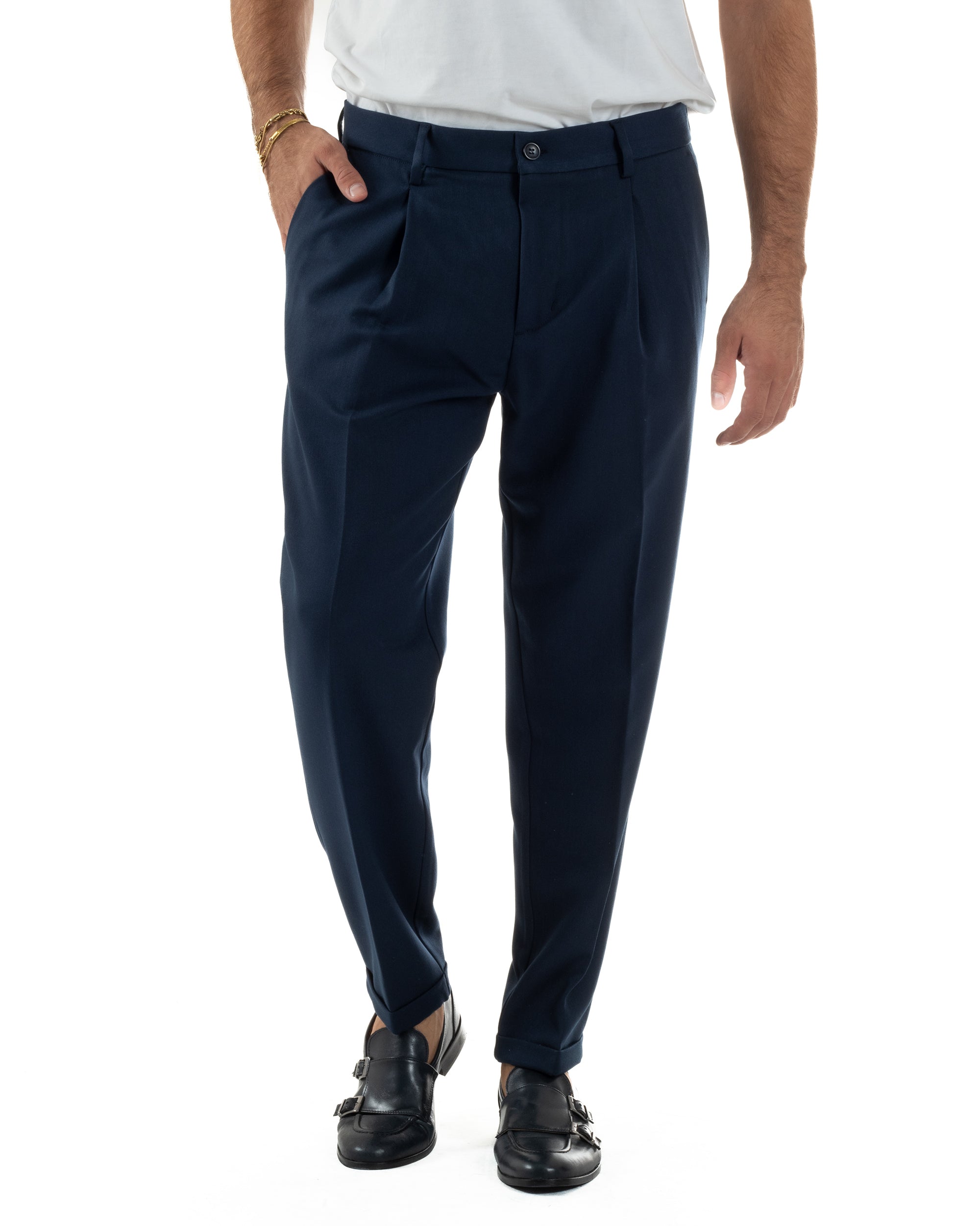 Pantaloni Uomo Viscosa Tasche America Con Pinces Classico Blu Over-D OC1F2W5P15