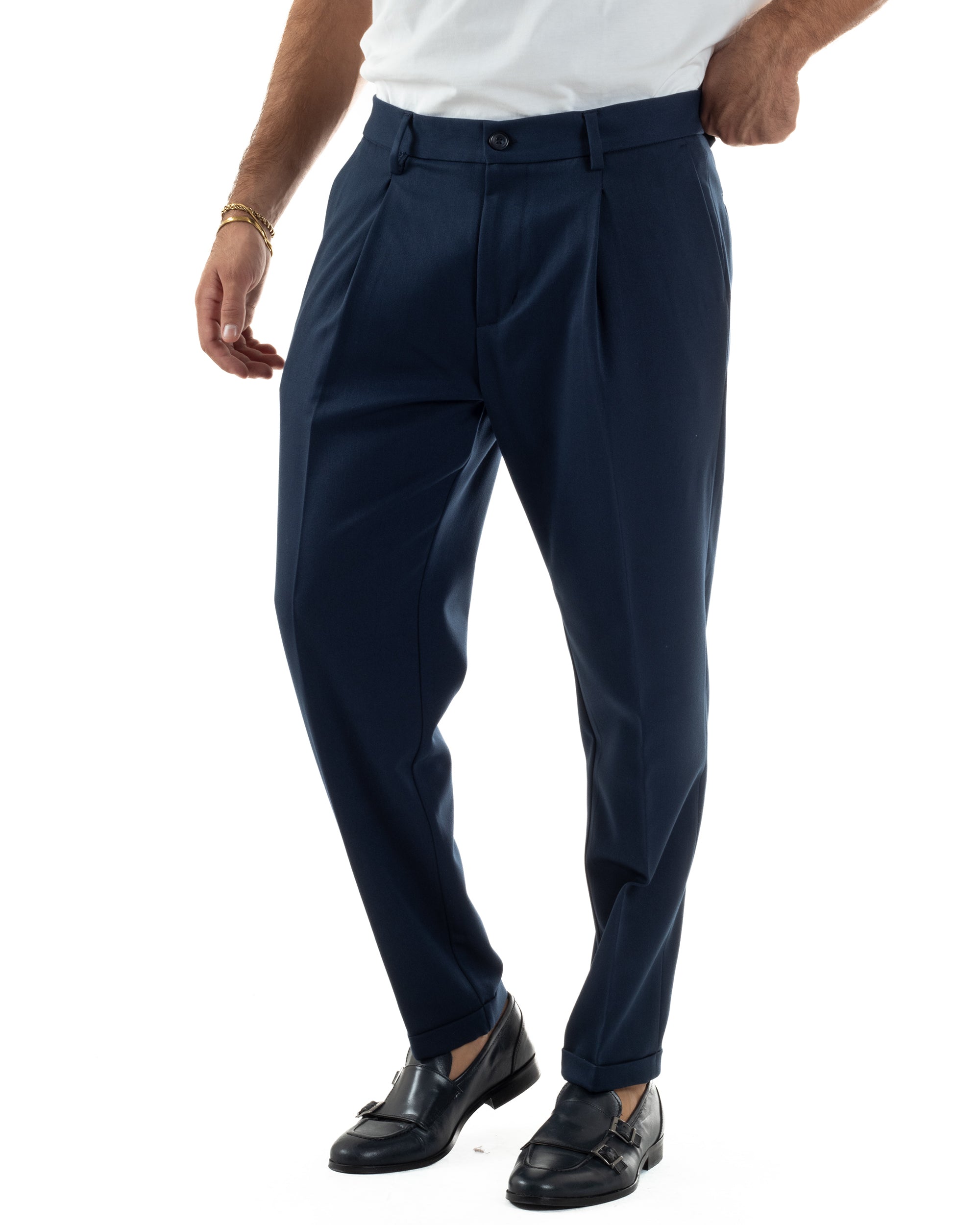 Pantaloni Uomo Viscosa Tasche America Con Pinces Classico Blu Over-D OC1F2W5P15