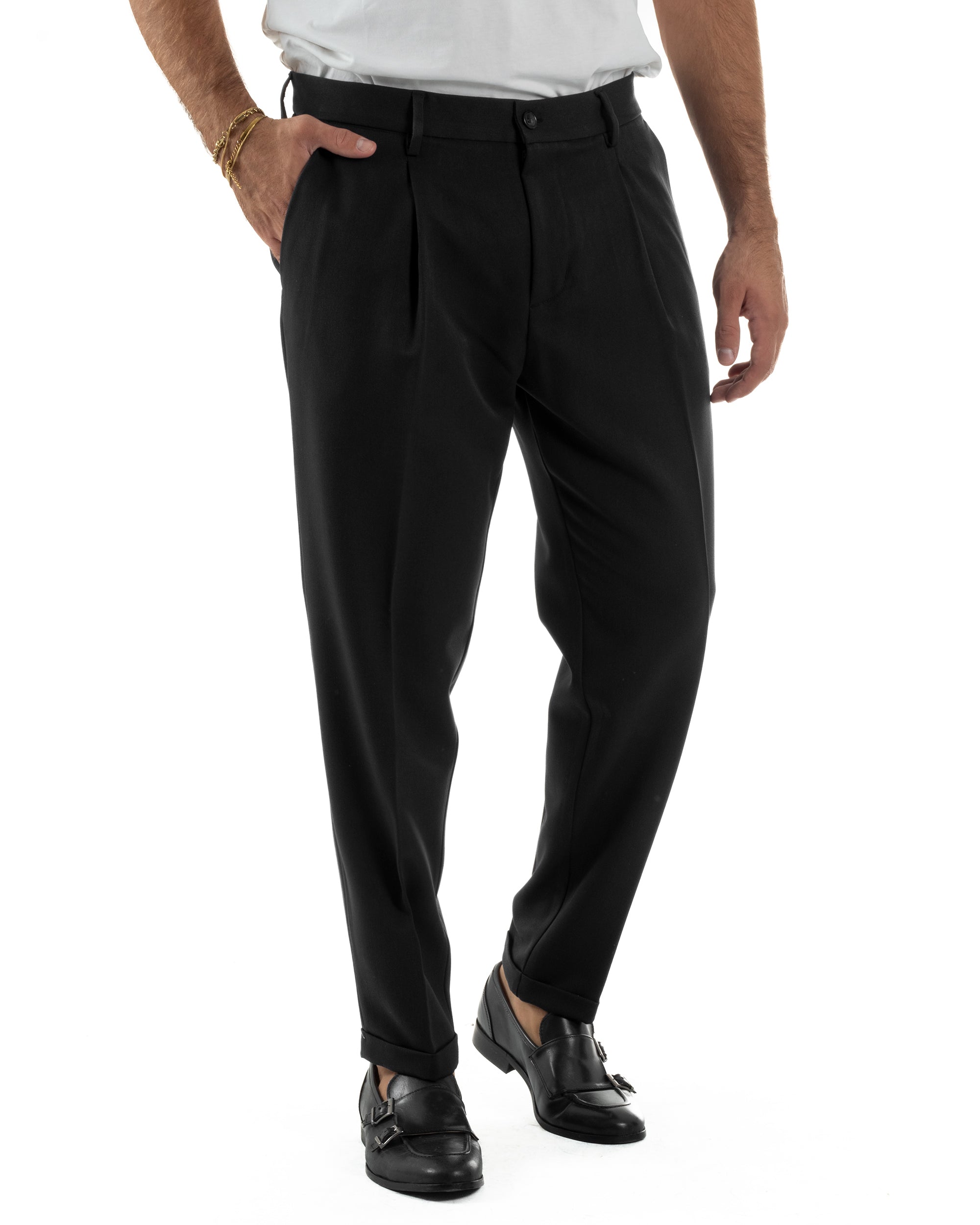 Pantaloni Uomo Viscosa Tasche America Con Pinces Classico Nero Over-D OC1F2W5P15