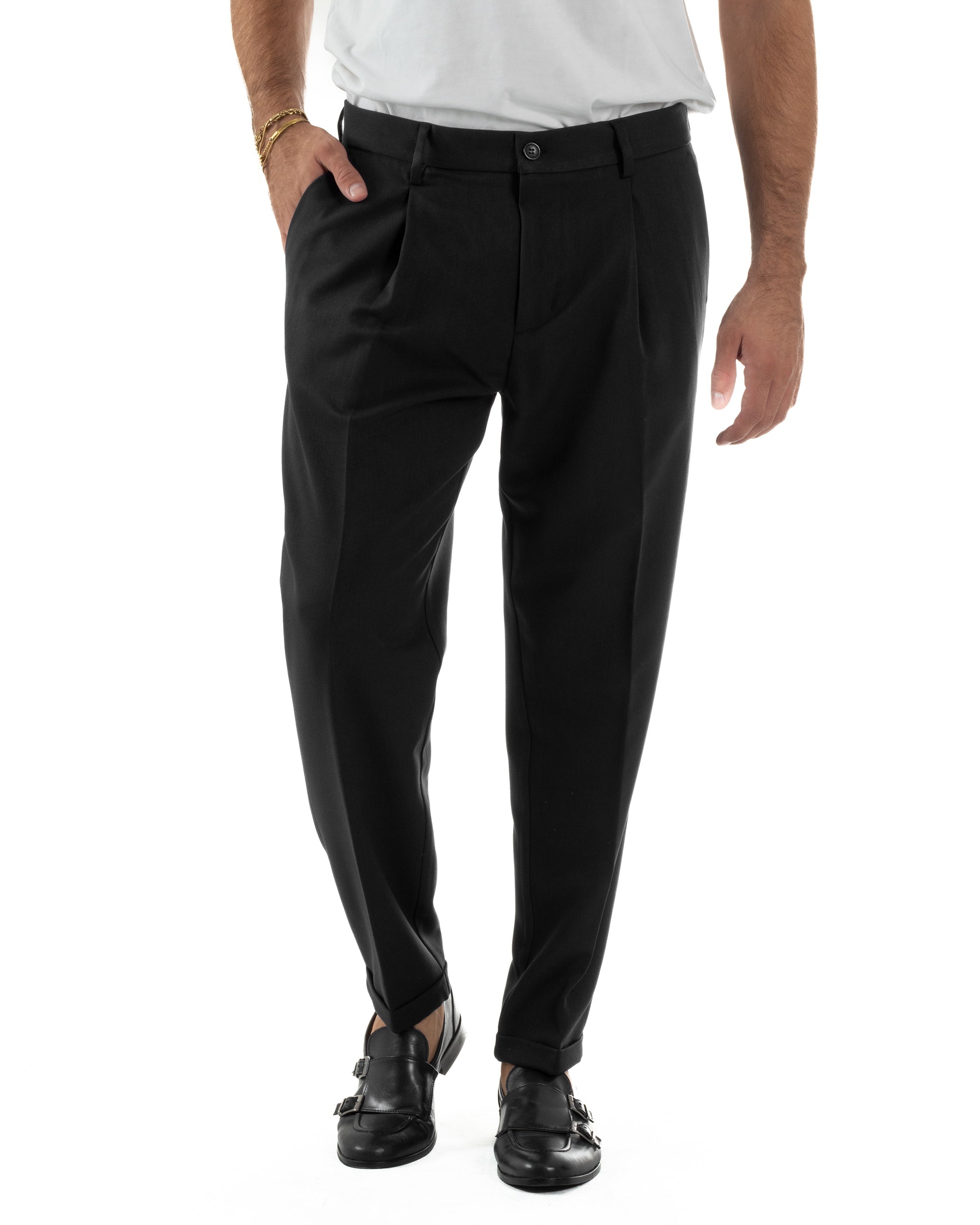 Pantaloni Uomo Viscosa Tasche America Con Pinces Classico Nero Over-D OC1F2W5P15