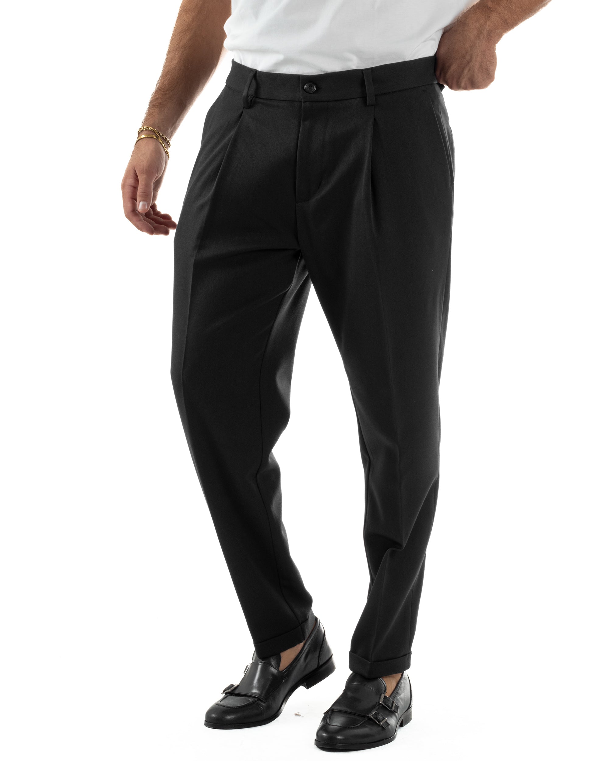Pantaloni Uomo Viscosa Tasche America Con Pinces Classico Nero Over-D OC1F2W5P15