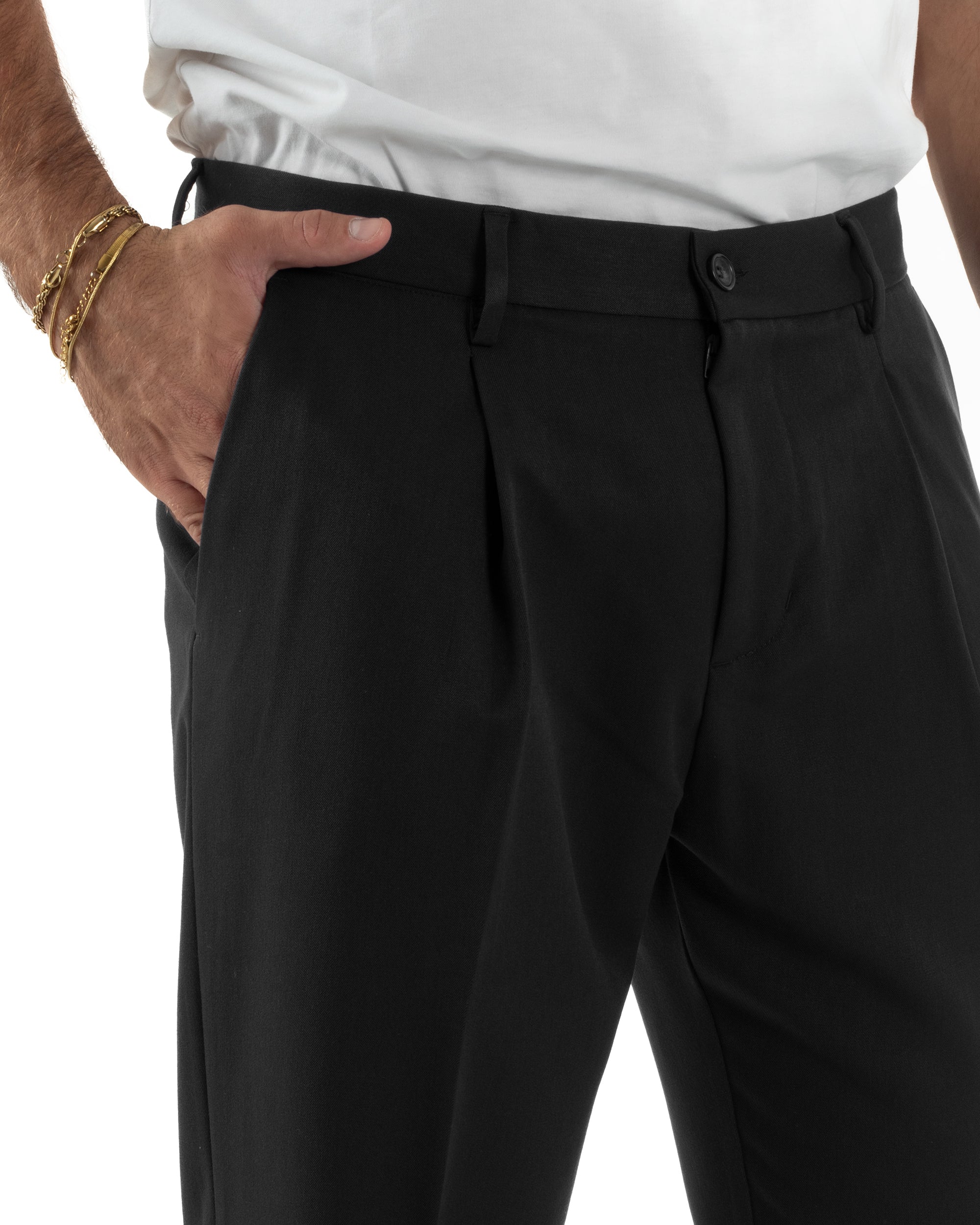 Pantaloni Uomo Viscosa Tasche America Con Pinces Classico Nero Over-D OC1F2W5P15