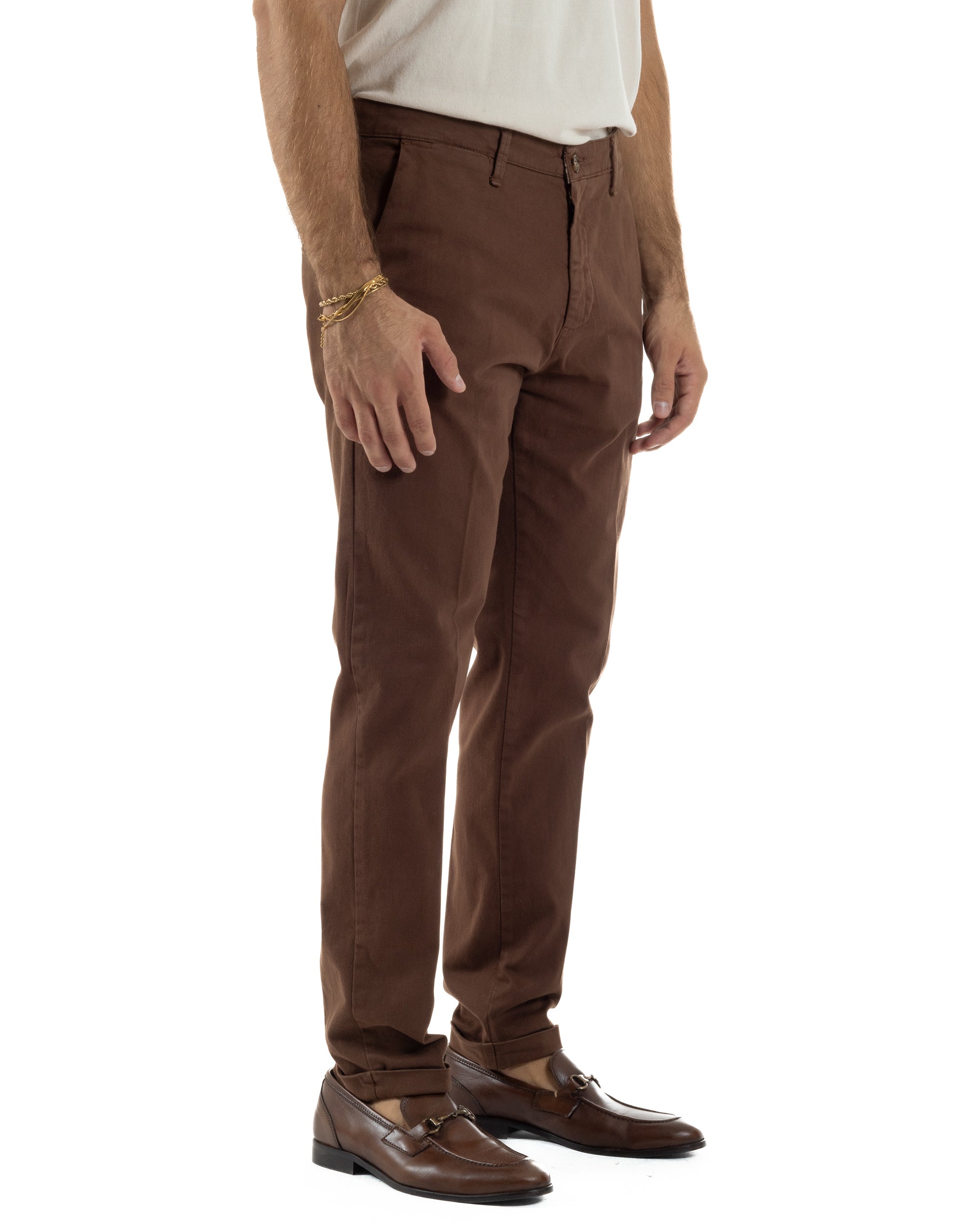 Pantaloni Uomo Tasche America Chino Cotone Slim Fit Marrone Over-D OC1F2W5P03