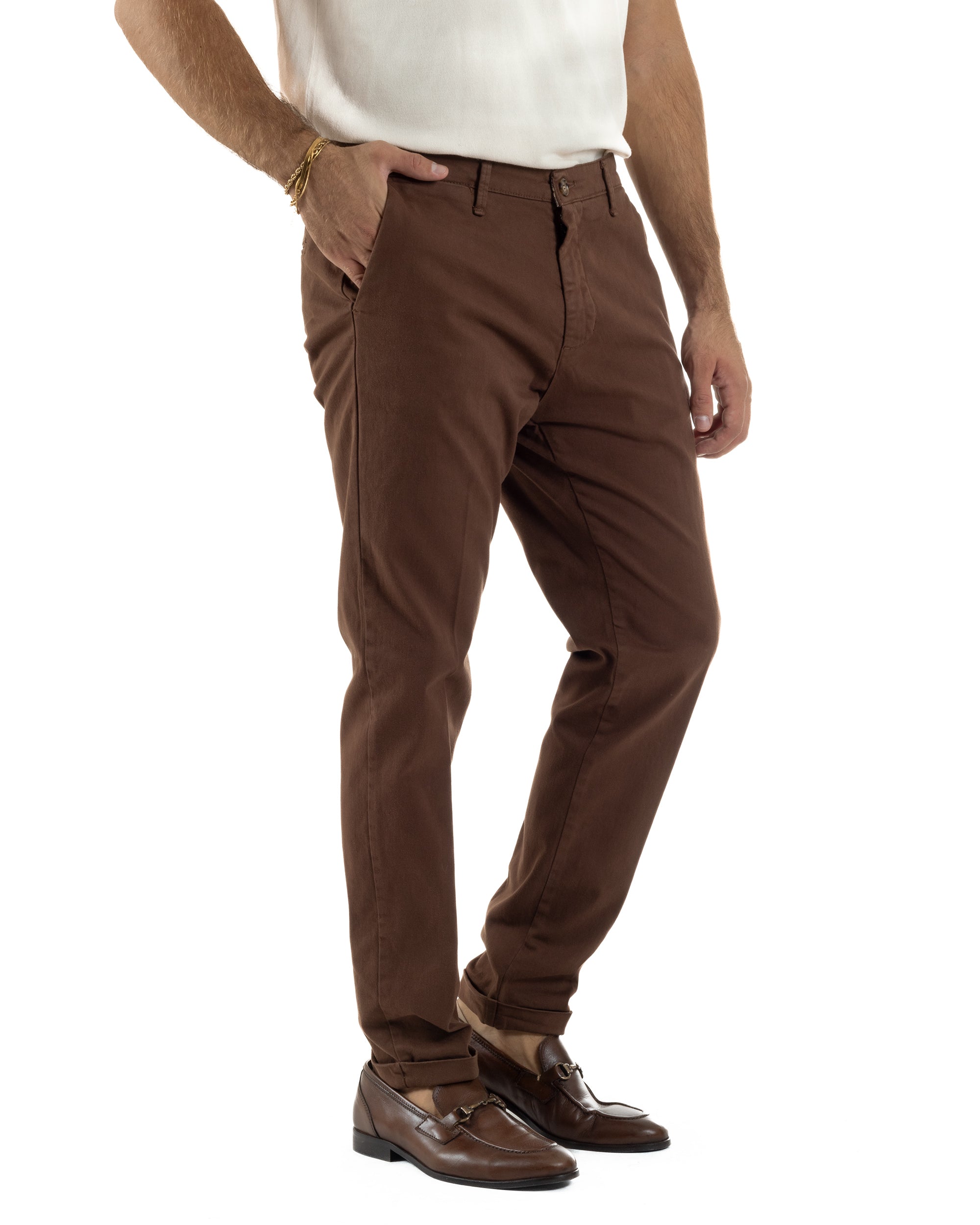 Pantaloni Uomo Tasche America Chino Cotone Slim Fit Marrone Over-D OC1F2W5P03