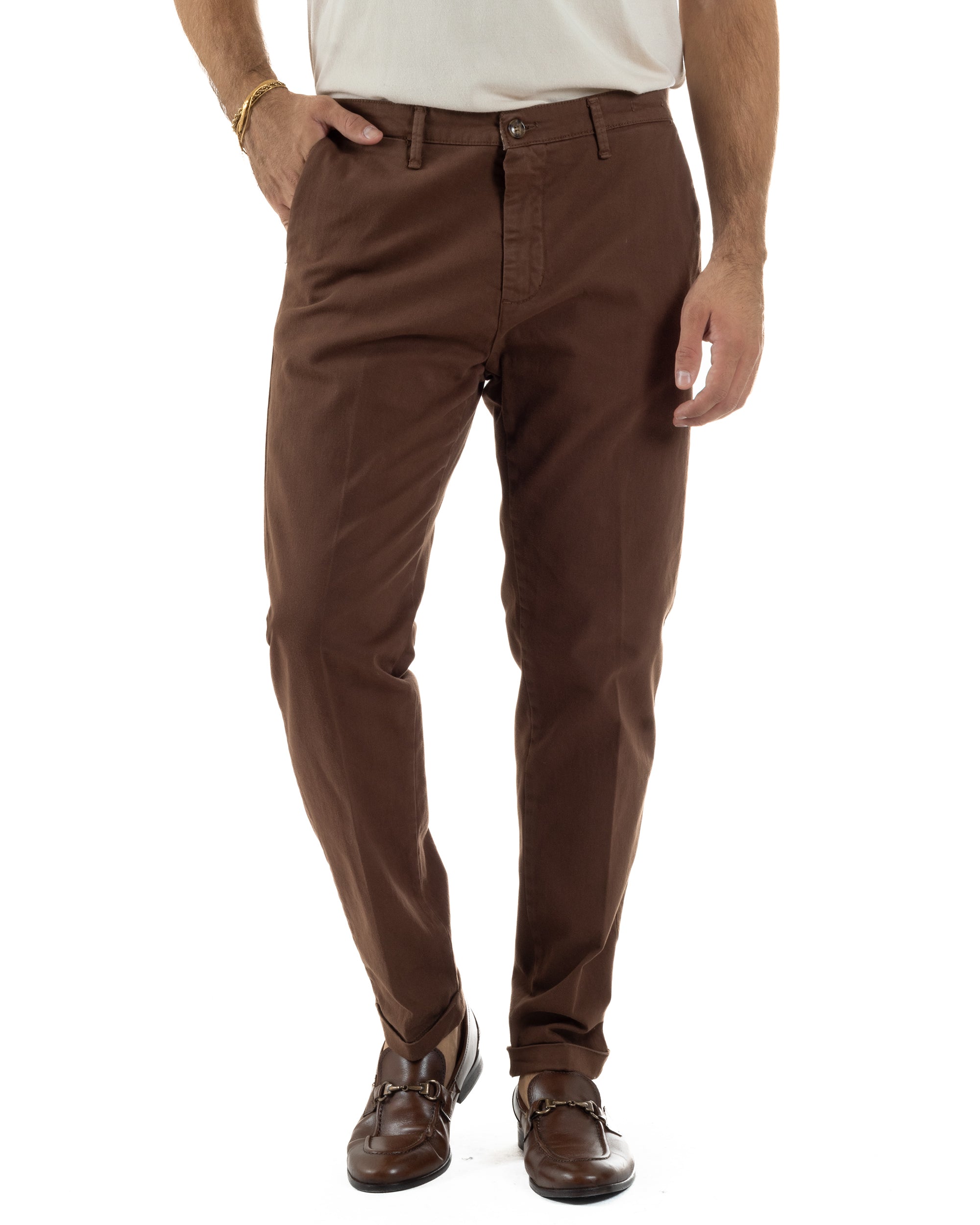 Pantaloni Uomo Tasche America Chino Cotone Slim Fit Marrone Over-D OC1F2W5P03