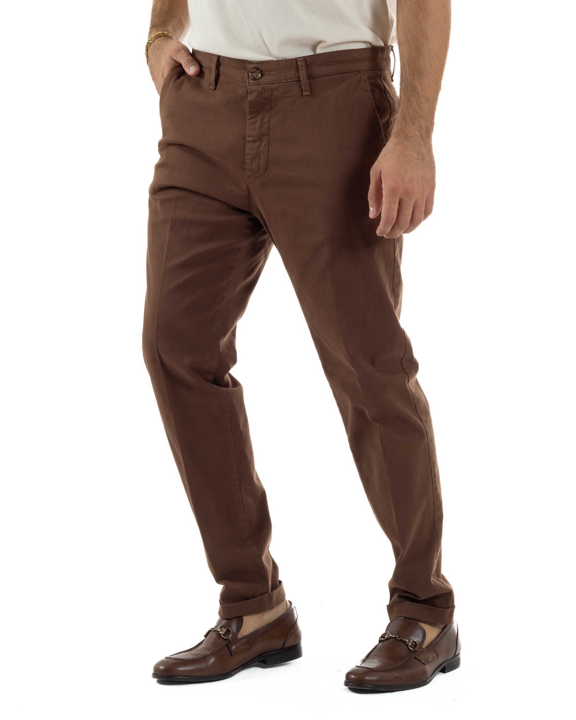 Pantaloni Uomo Tasche America Chino Cotone Slim Fit Marrone Over-D OC1F2W5P03