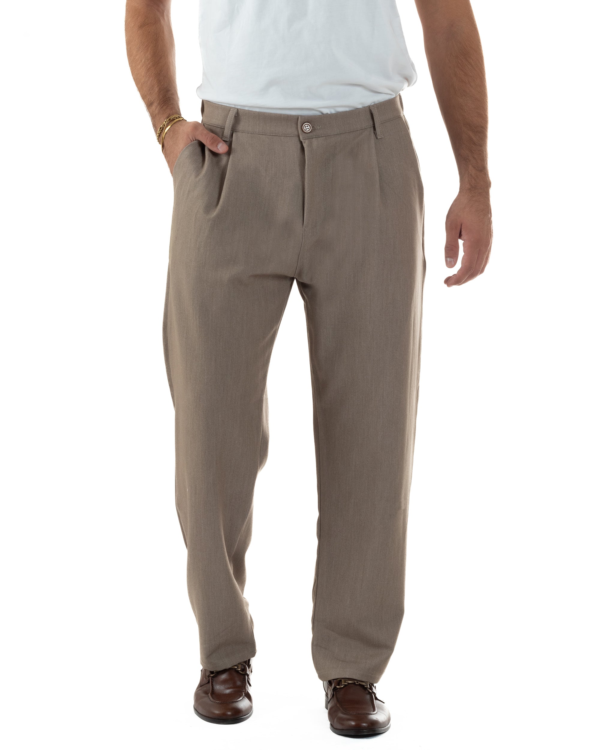 Pantaloni Uomo Viscosa Baggy Con Pinces Relaxed Fit Beige Melangiato P6354A