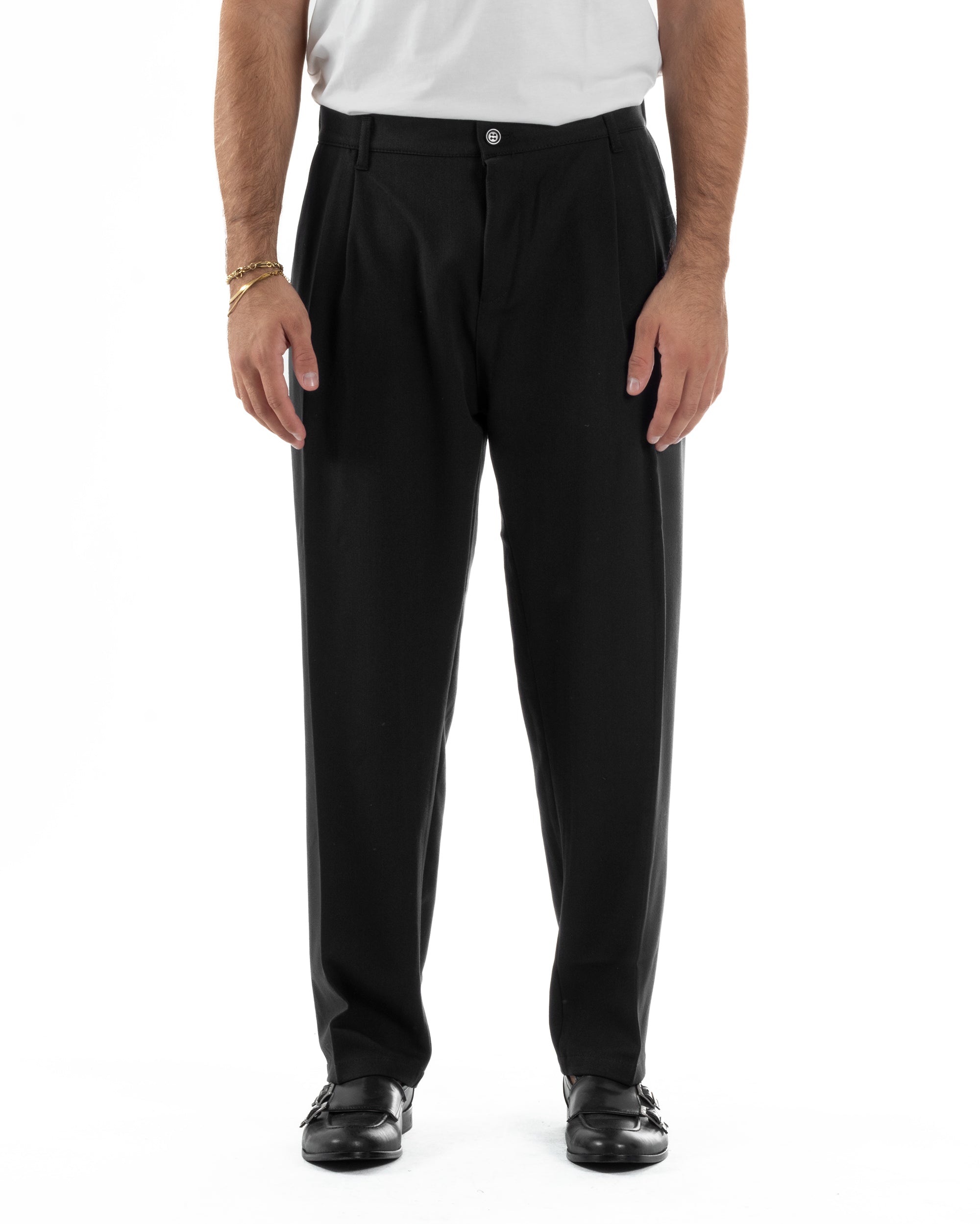 Pantaloni Uomo Viscosa Baggy Con Pinces Relaxed Fit Nero P6355A