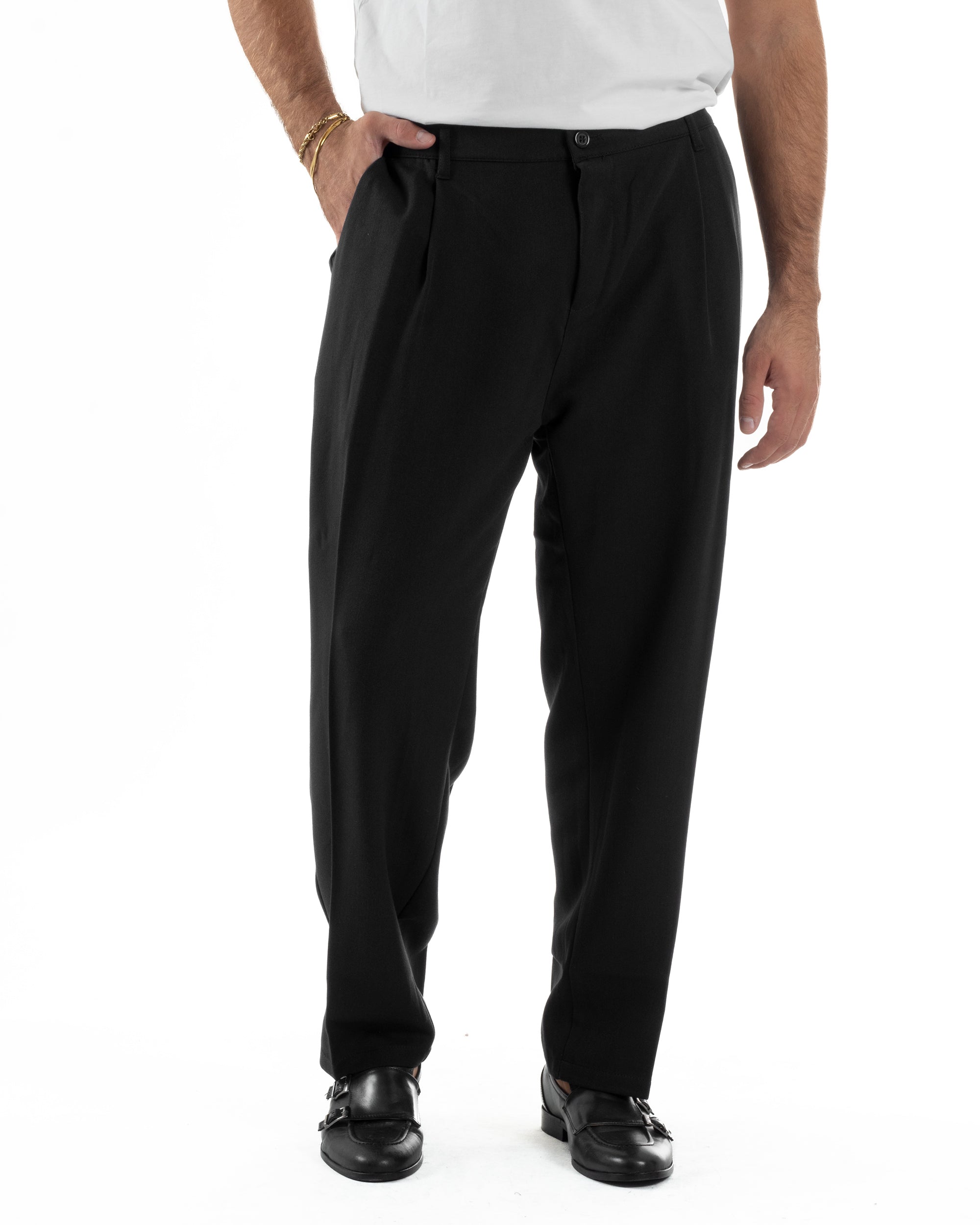 Pantaloni Uomo Viscosa Baggy Con Pinces Relaxed Fit Nero P6355A