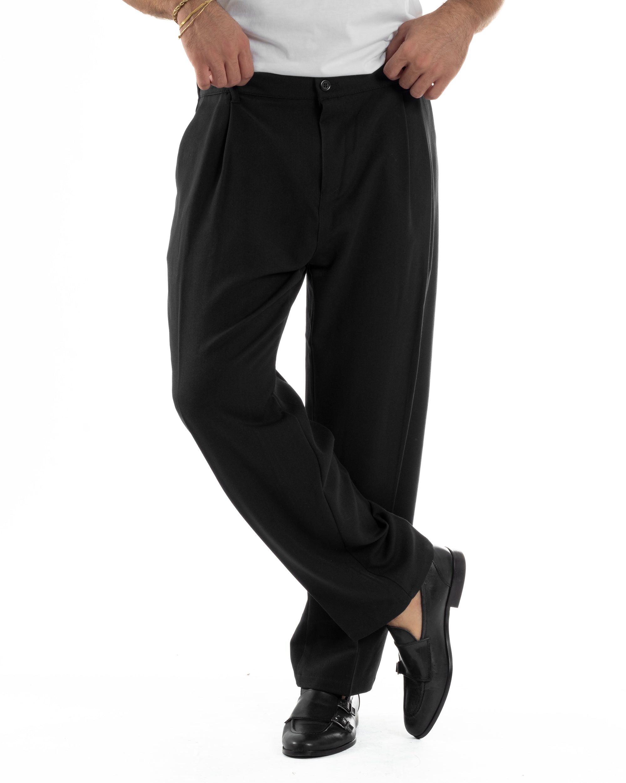 Pantaloni Uomo Viscosa Baggy Con Pinces Relaxed Fit Nero P6355A