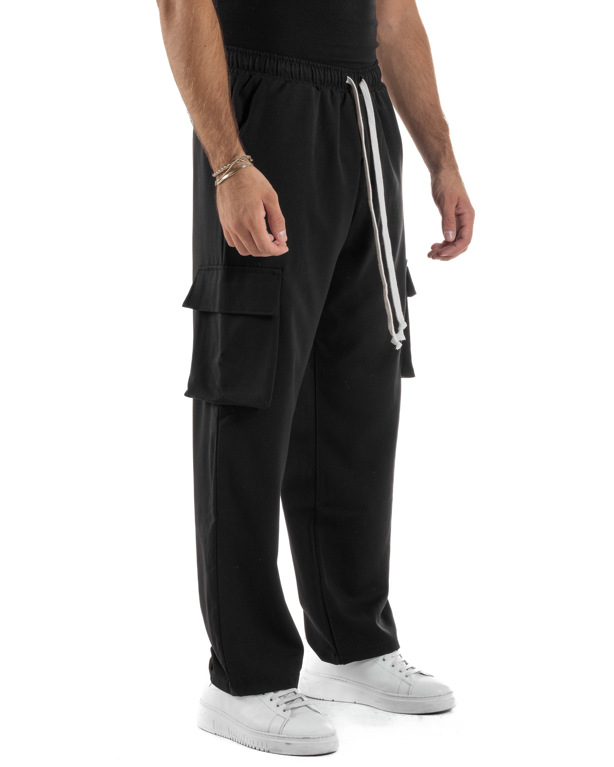 Pantaloni Uomo Viscosa Cargo Baggy Tinta Unita Nero P6358A
