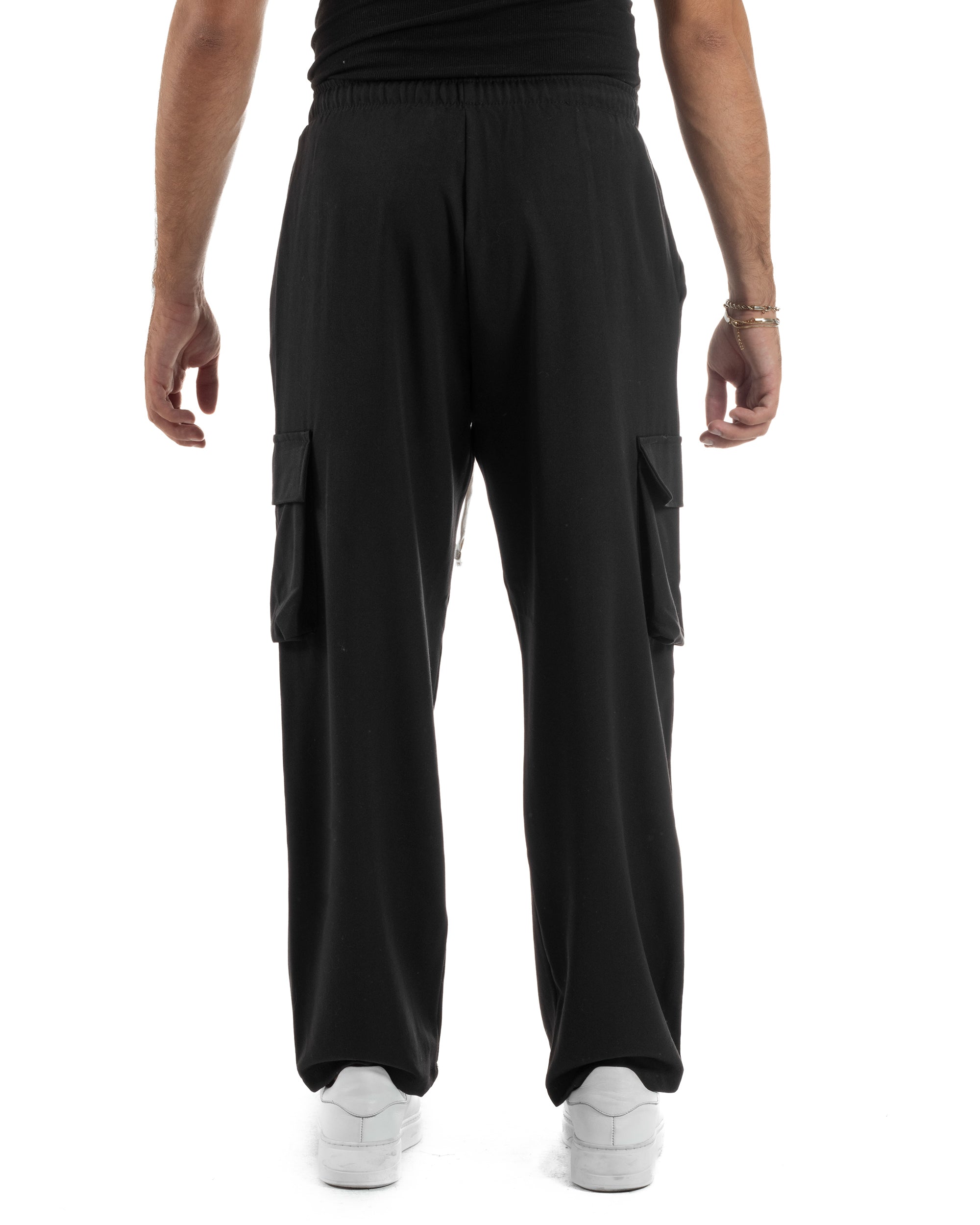 Pantaloni Uomo Viscosa Cargo Baggy Tinta Unita Nero P6358A