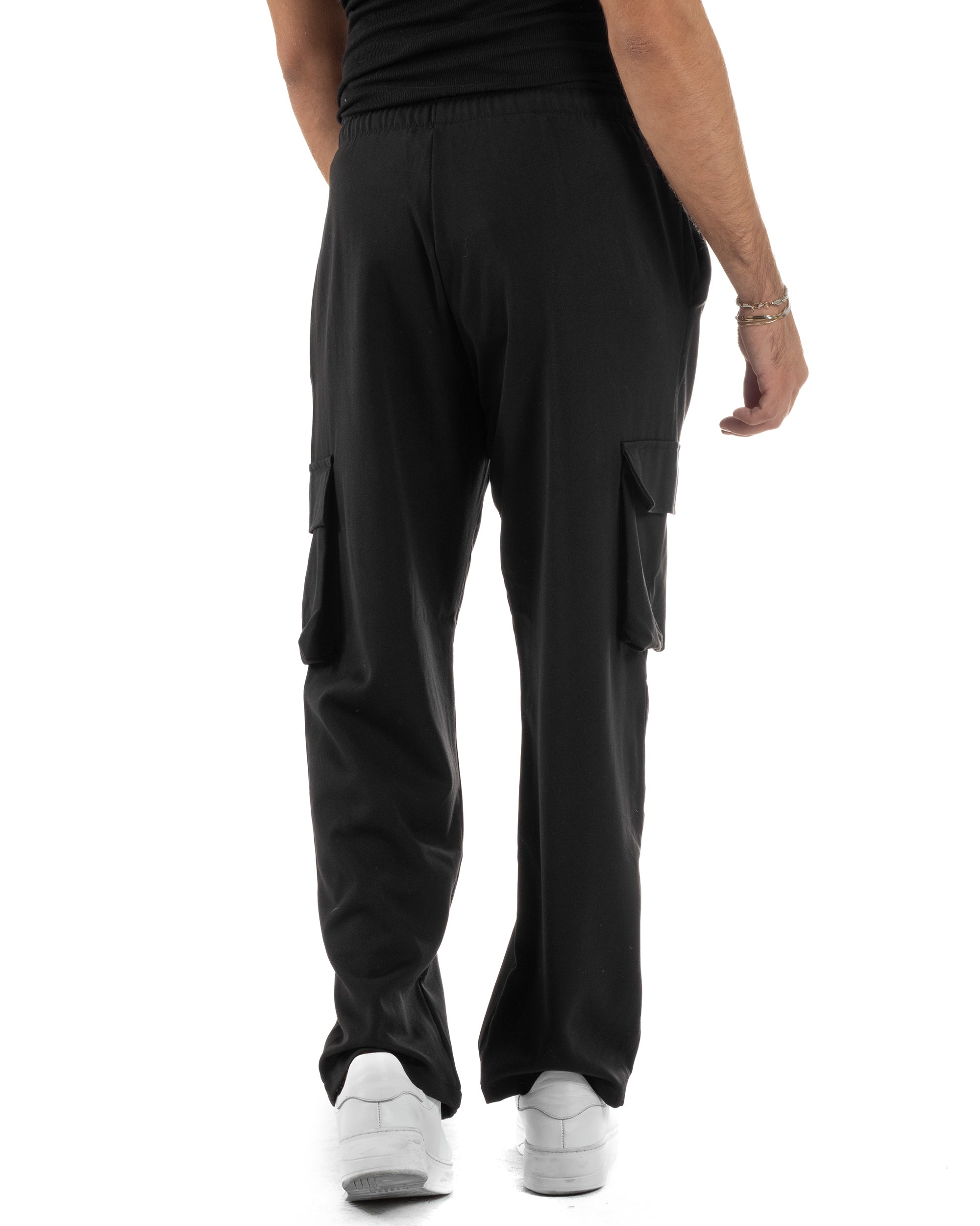 Pantaloni Uomo Viscosa Cargo Baggy Tinta Unita Nero P6358A