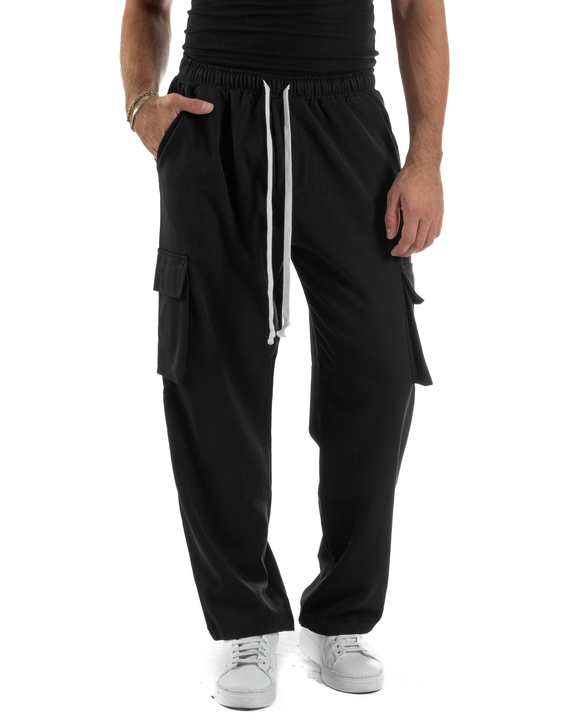 Pantaloni Uomo Viscosa Cargo Baggy Tinta Unita Nero P6358A
