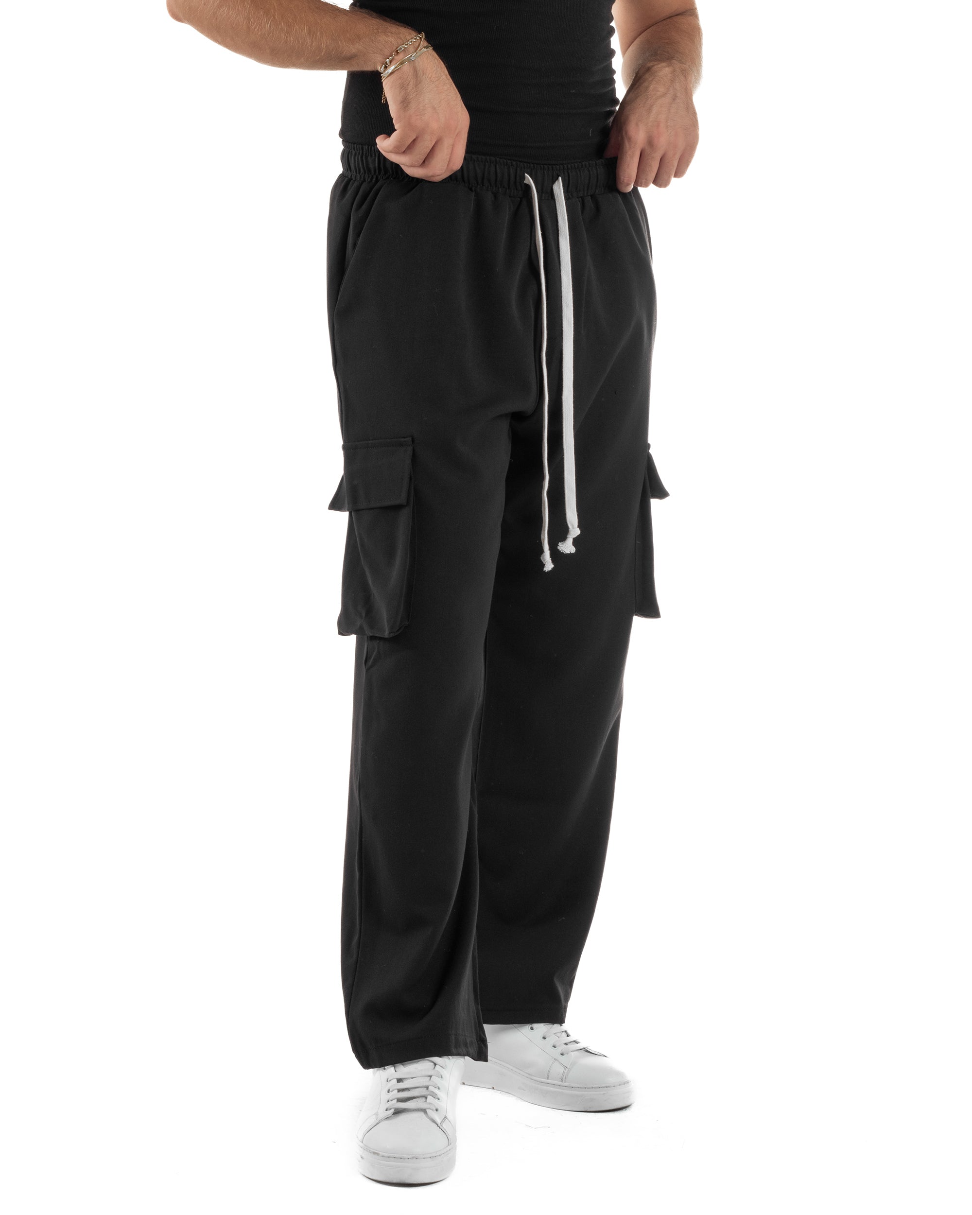 Pantaloni Uomo Viscosa Cargo Baggy Tinta Unita Nero P6358A