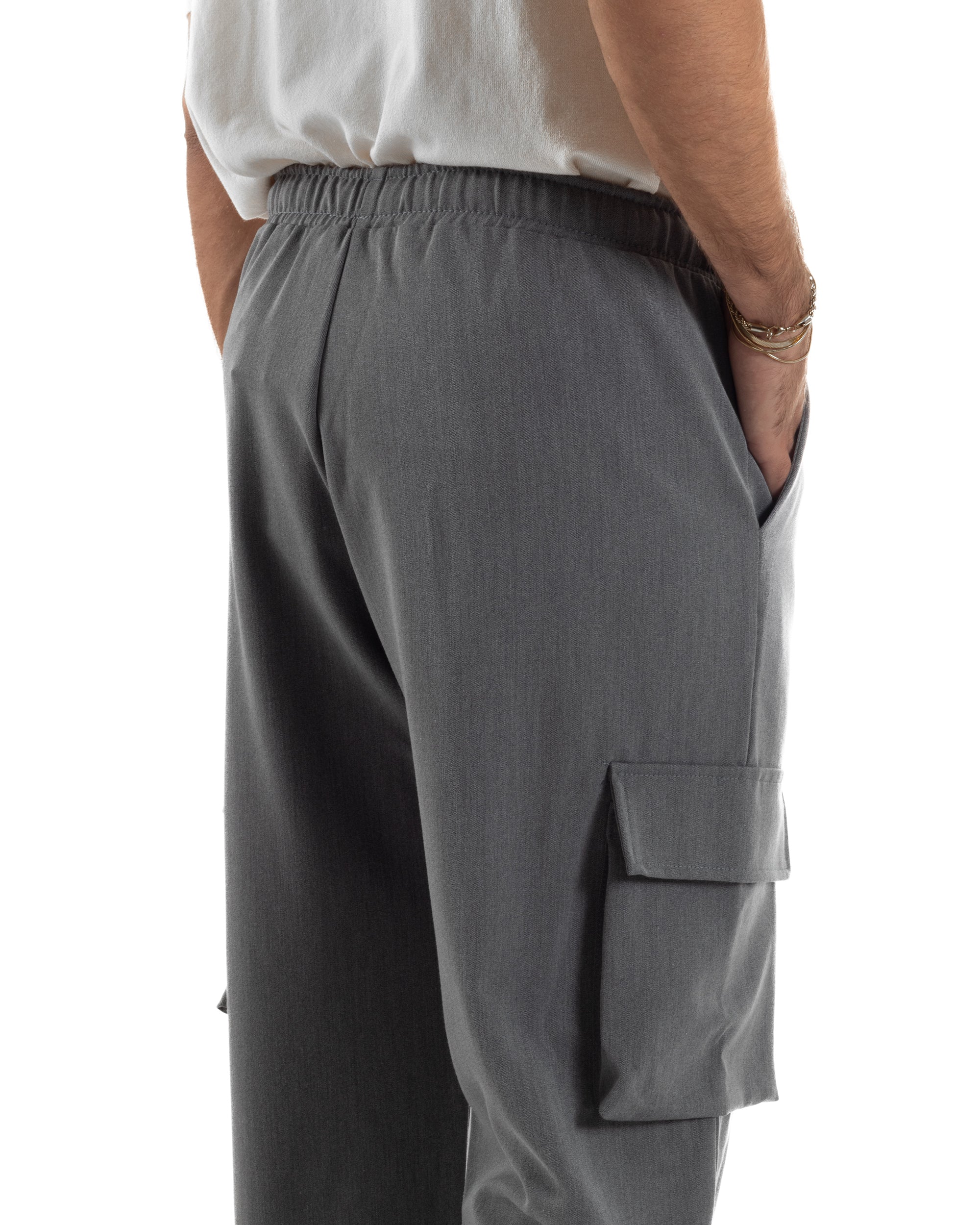 Pantaloni Uomo Viscosa Cargo Baggy Tinta Unita Grigio P6359A