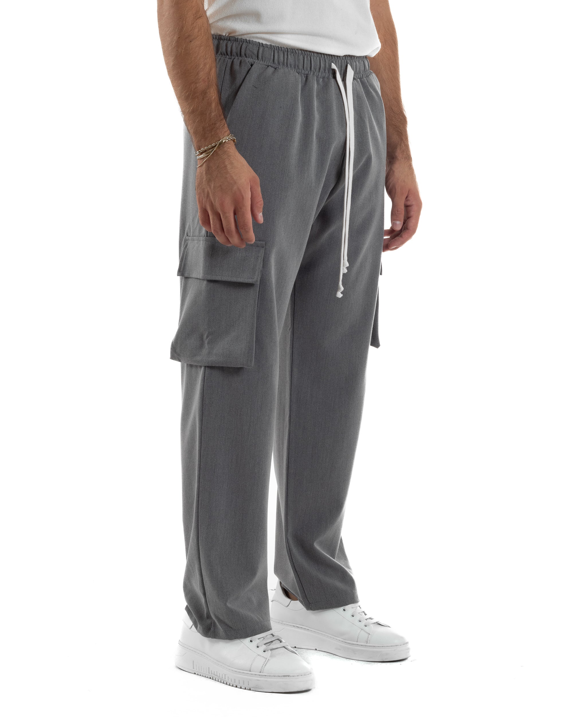Pantaloni Uomo Viscosa Cargo Baggy Tinta Unita Grigio P6359A