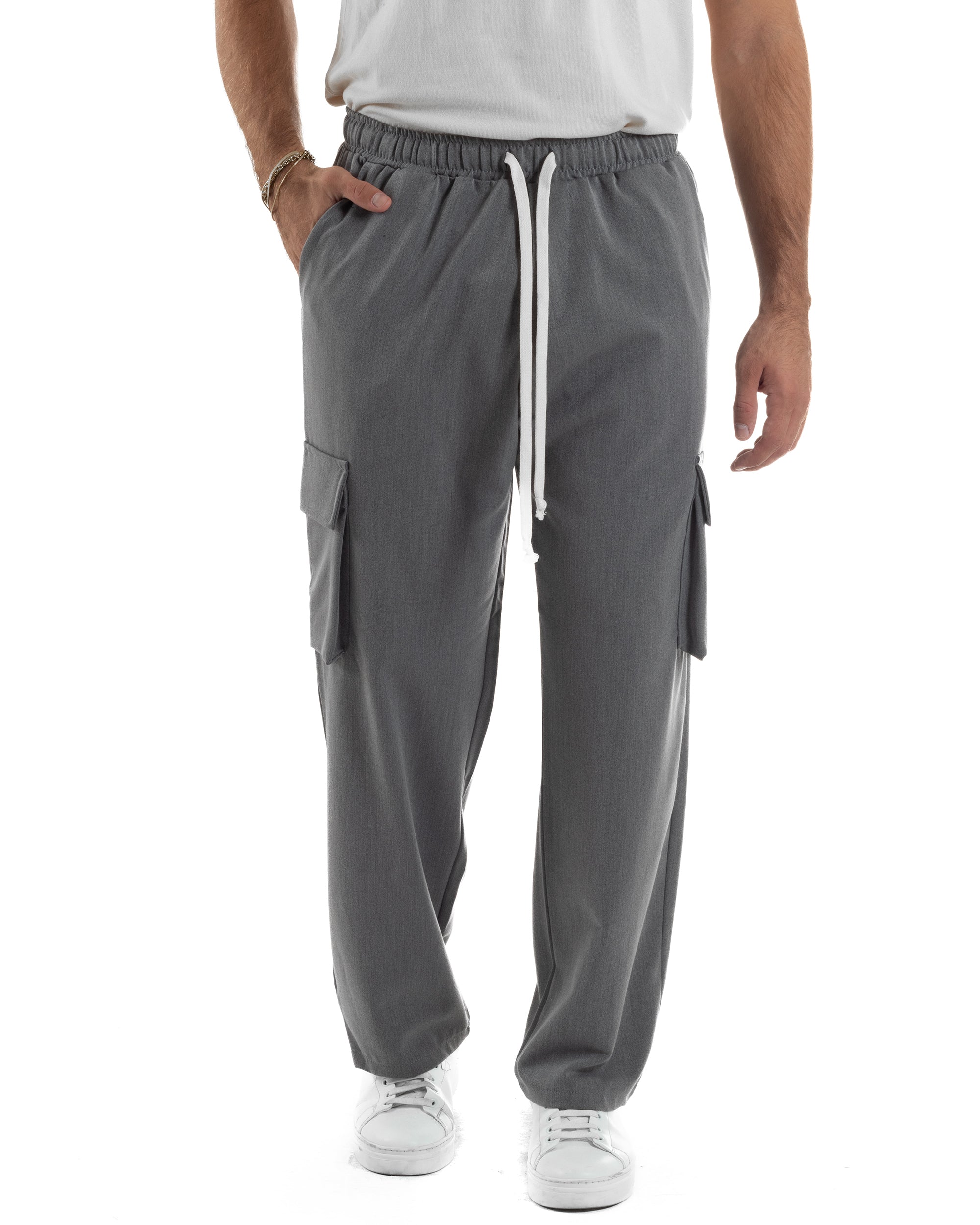 Pantaloni Uomo Viscosa Cargo Baggy Tinta Unita Grigio P6359A