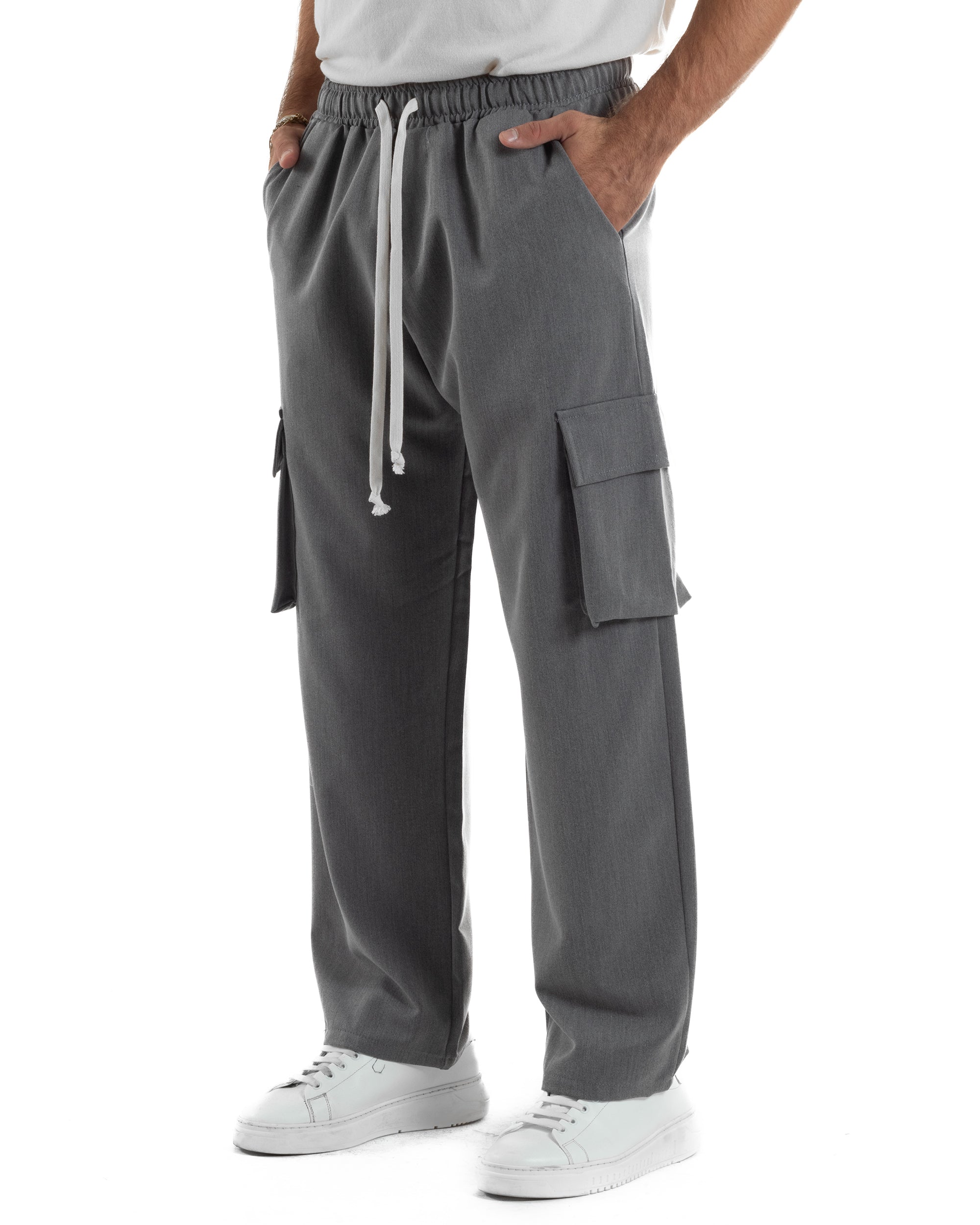 Pantaloni Uomo Viscosa Cargo Baggy Tinta Unita Grigio P6359A
