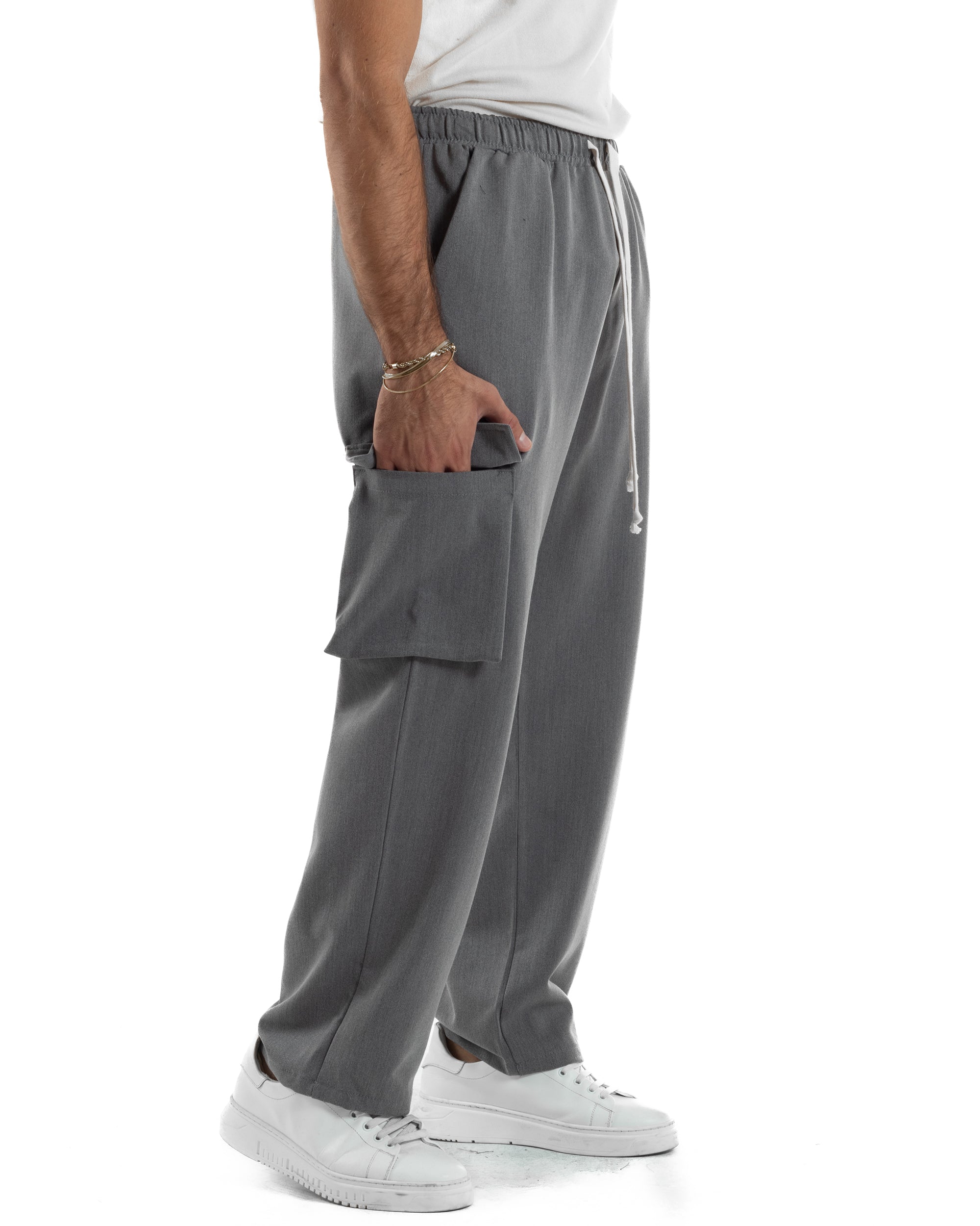 Pantaloni Uomo Viscosa Cargo Baggy Tinta Unita Grigio P6359A