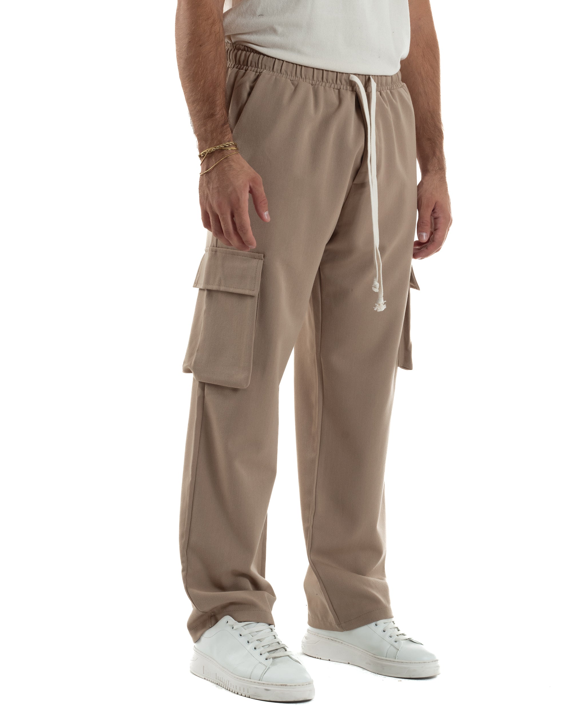 Pantaloni Uomo Viscosa Cargo Baggy Tinta Unita Camel P6360A