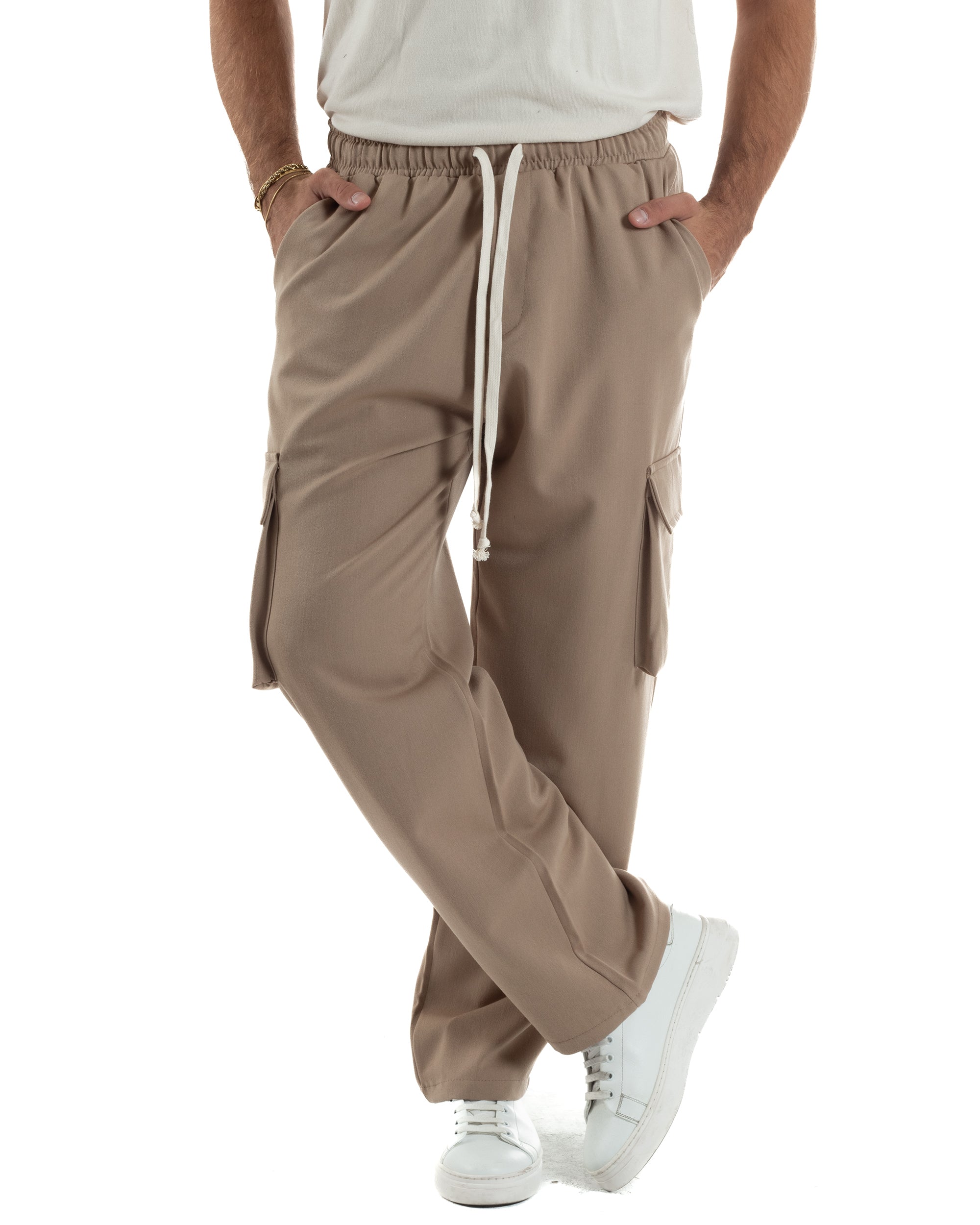 Pantaloni Uomo Viscosa Cargo Baggy Tinta Unita Camel P6360A